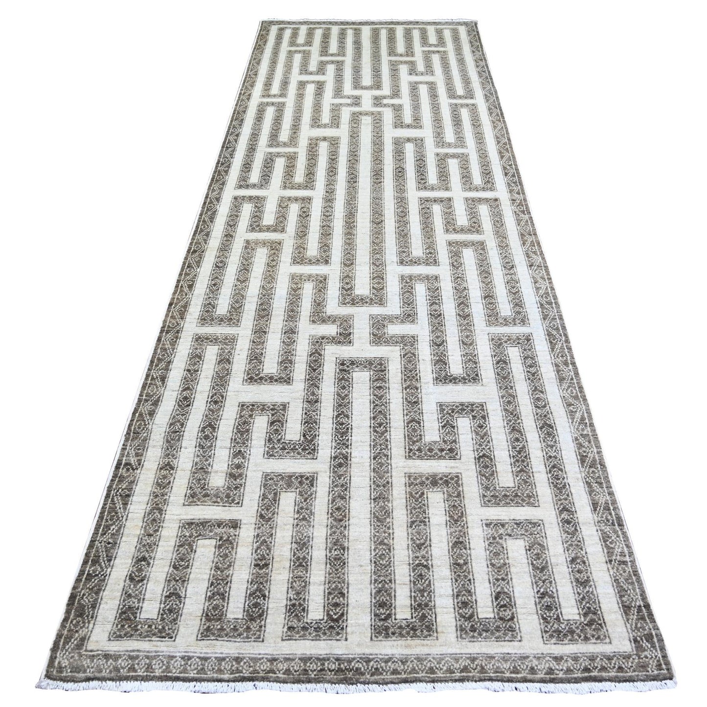 4'X11'8" Taupe Brown Hand Knotted Wool Fine Peshawar Runner Oriental Rug