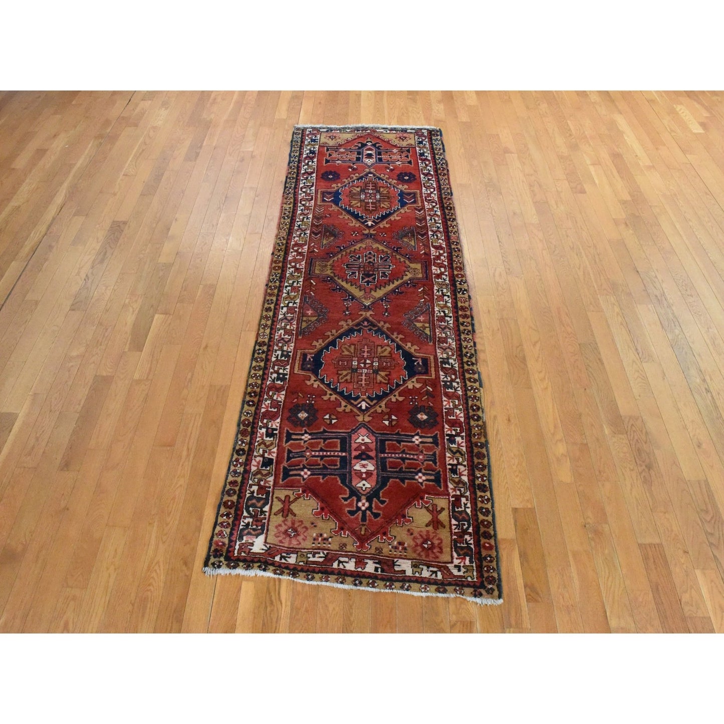 3'2"X10' Red Vintage Zoroastrian Heris Pure Wool Hand Knotted Runner Rug