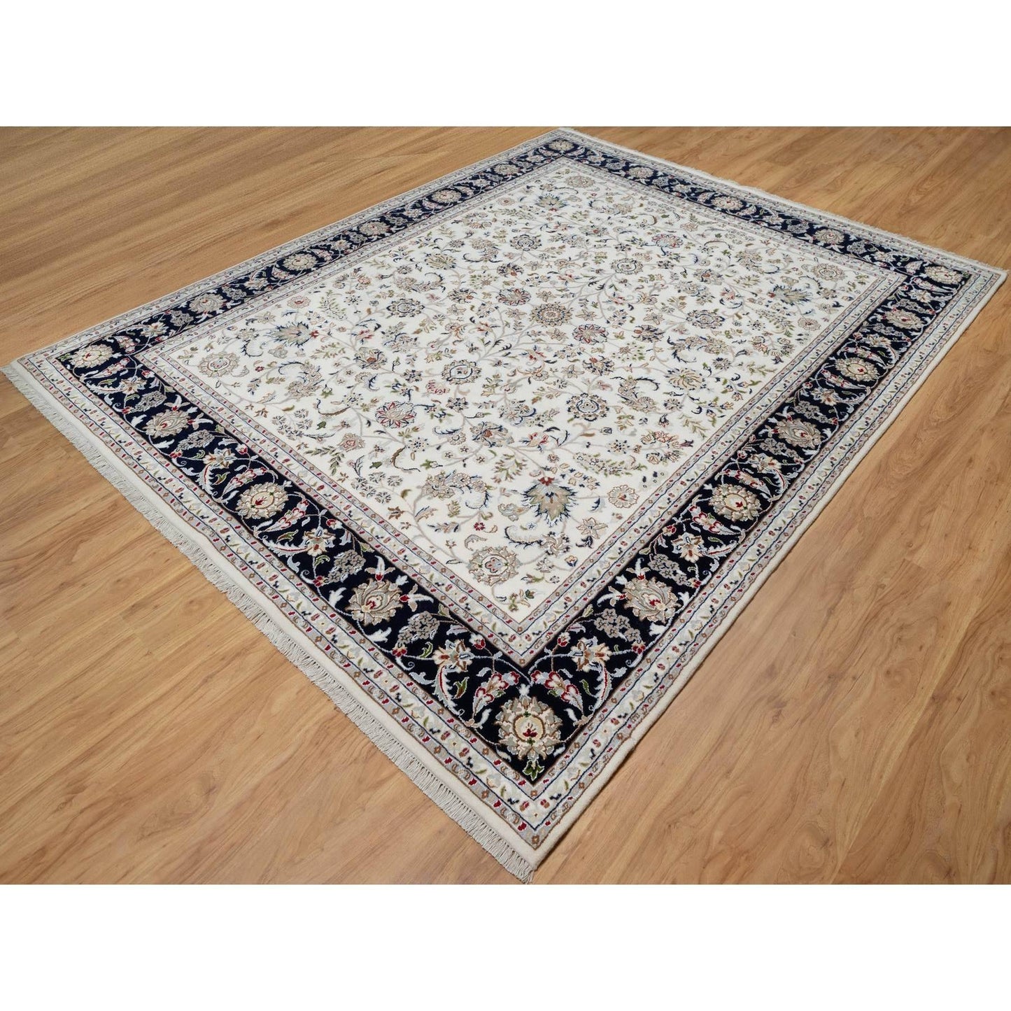 7'10"X10' White Hand Knotted Nain With Flower Design Wool And Silk Rug