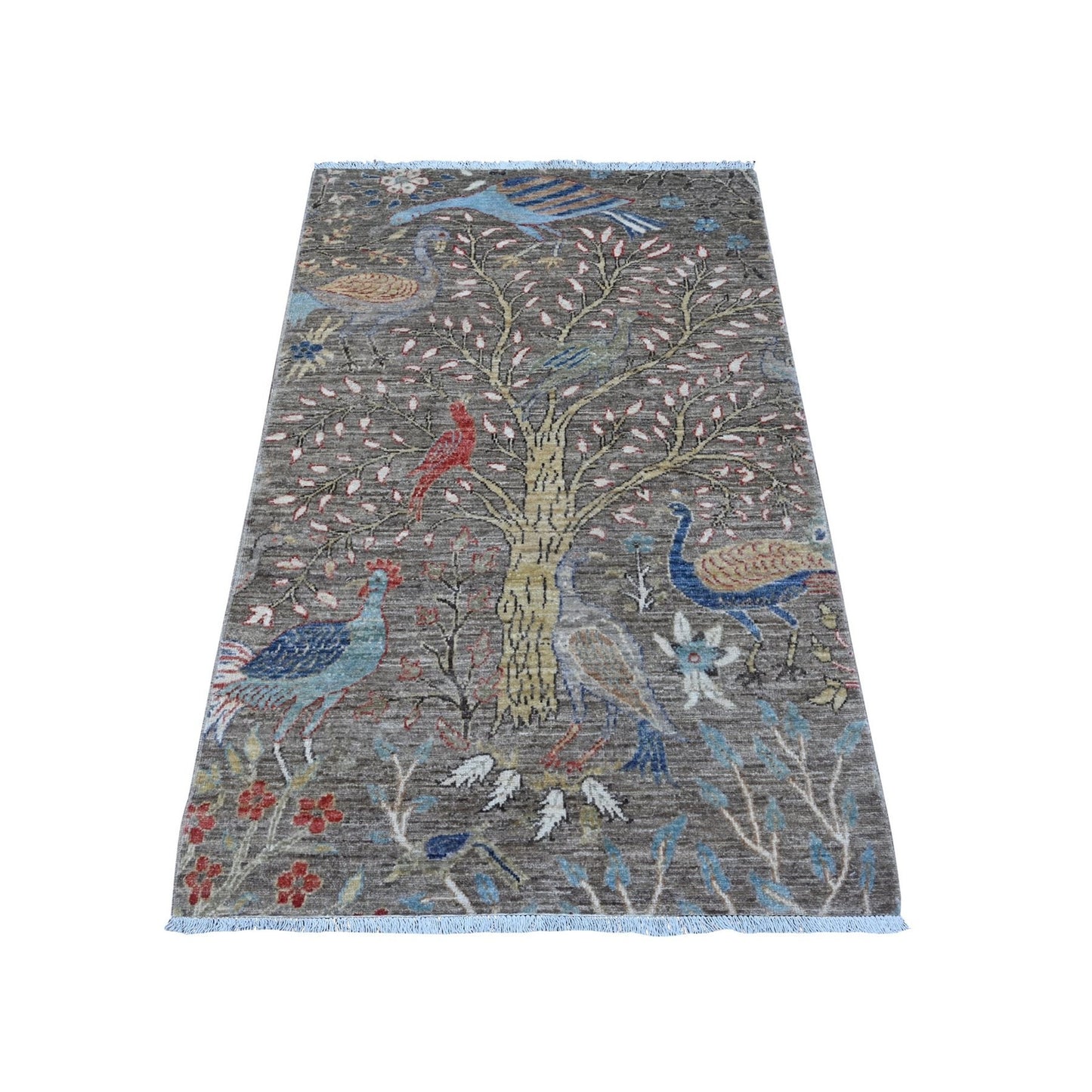 3'1"X5'1" Elephant Gray Birds Paradise Runner Hand Knotted Oriental Rug