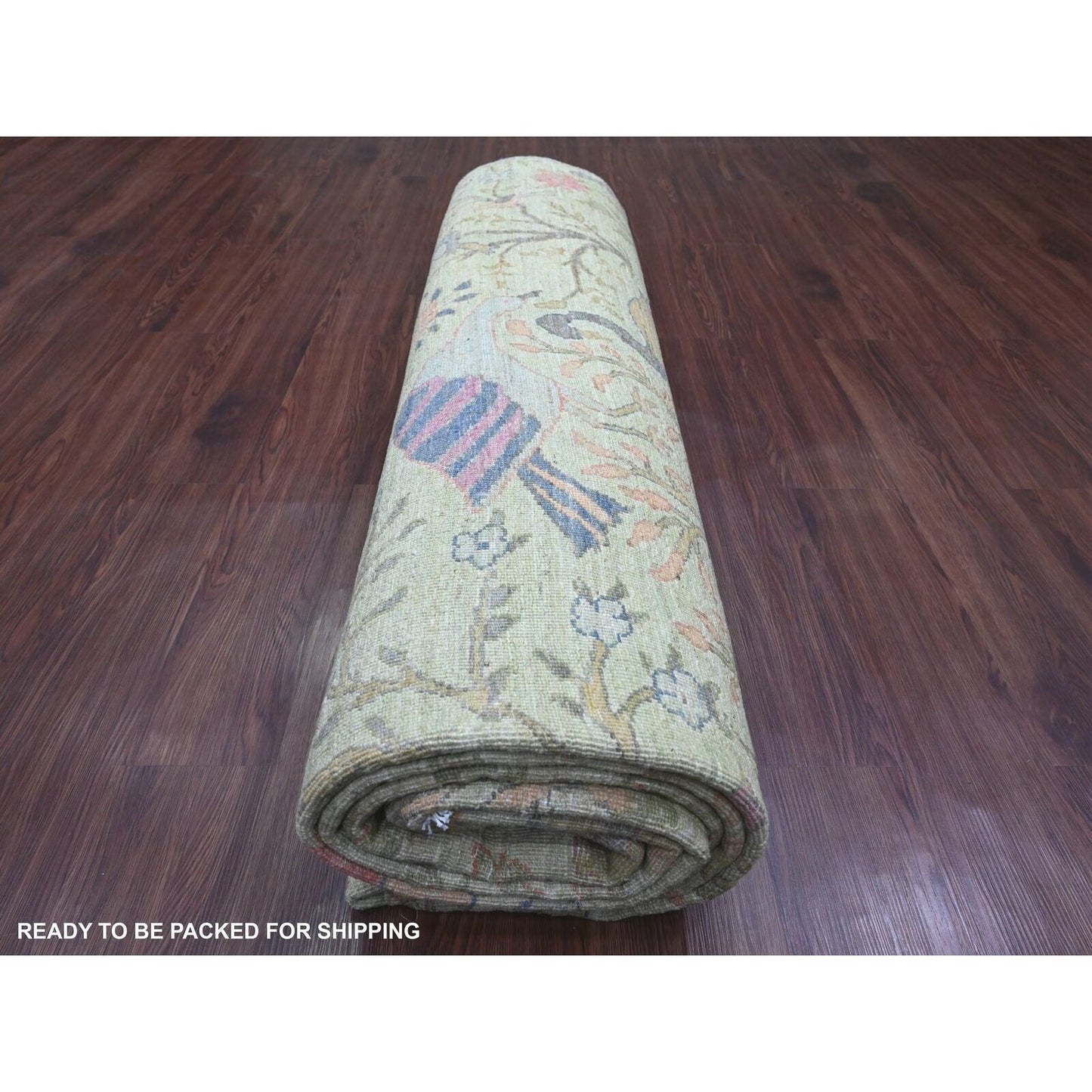 8'10"X12'3" Green Afghan Peshawar Birds Design Hand Knotted Soft Wool Rug