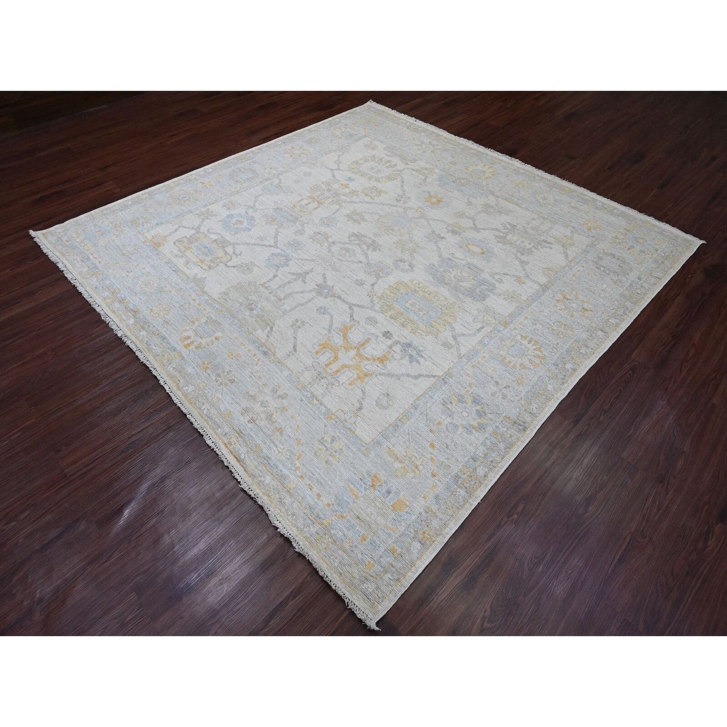 8'X8' Pearl White Hand Knotted Afghan Angora Oushak Pure Wool Square Rug