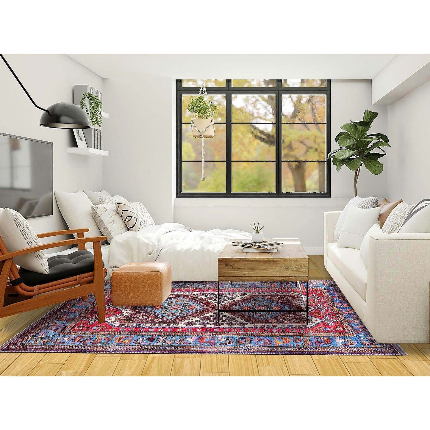 6'X7'8" Ivory Afghan Caucasian Design Revival Soft Wool Hand Knotted Rug