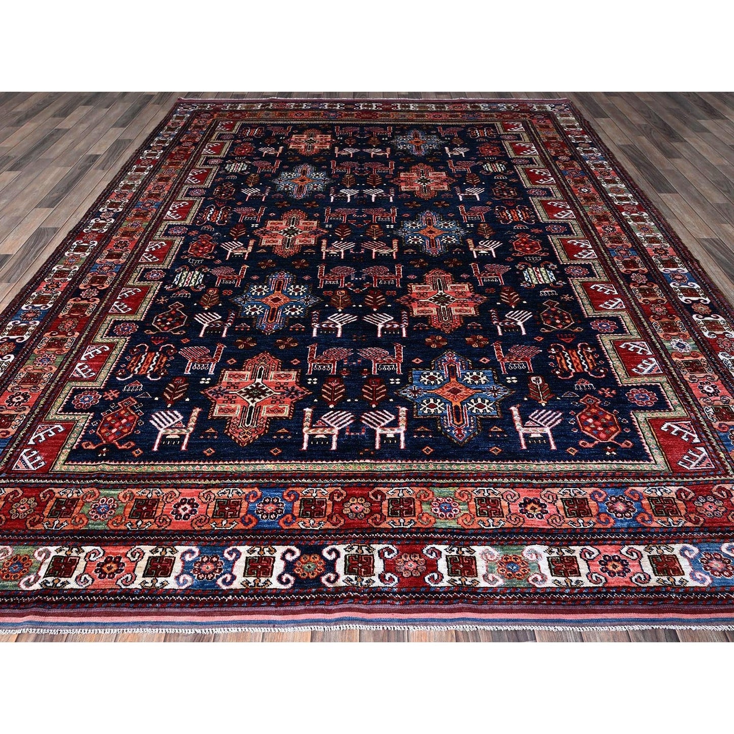 8'2"X10'5" Navy Afghan Ersari Ancient Bird Figurines Hand Knotted Wool Rug