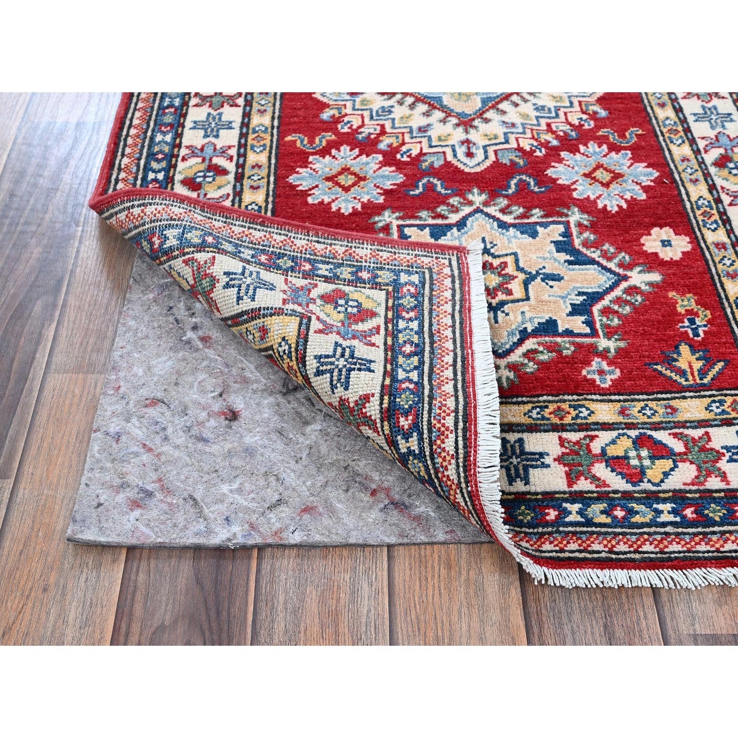 2'6"X6'3" Red Kazak With Medallions Design All Wool Hand Knotted Runner Rug