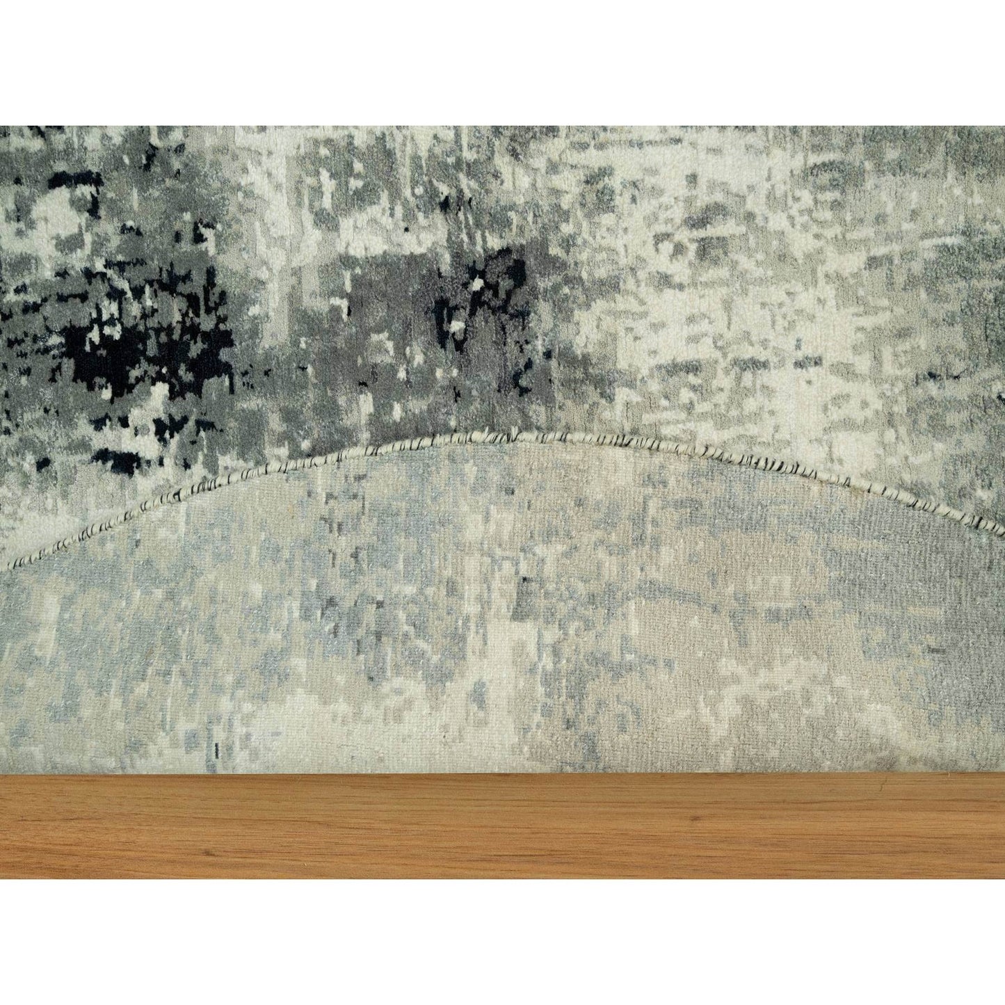 8'X8' Black Hand Knotted Abstract Wool And Silk Round Rug