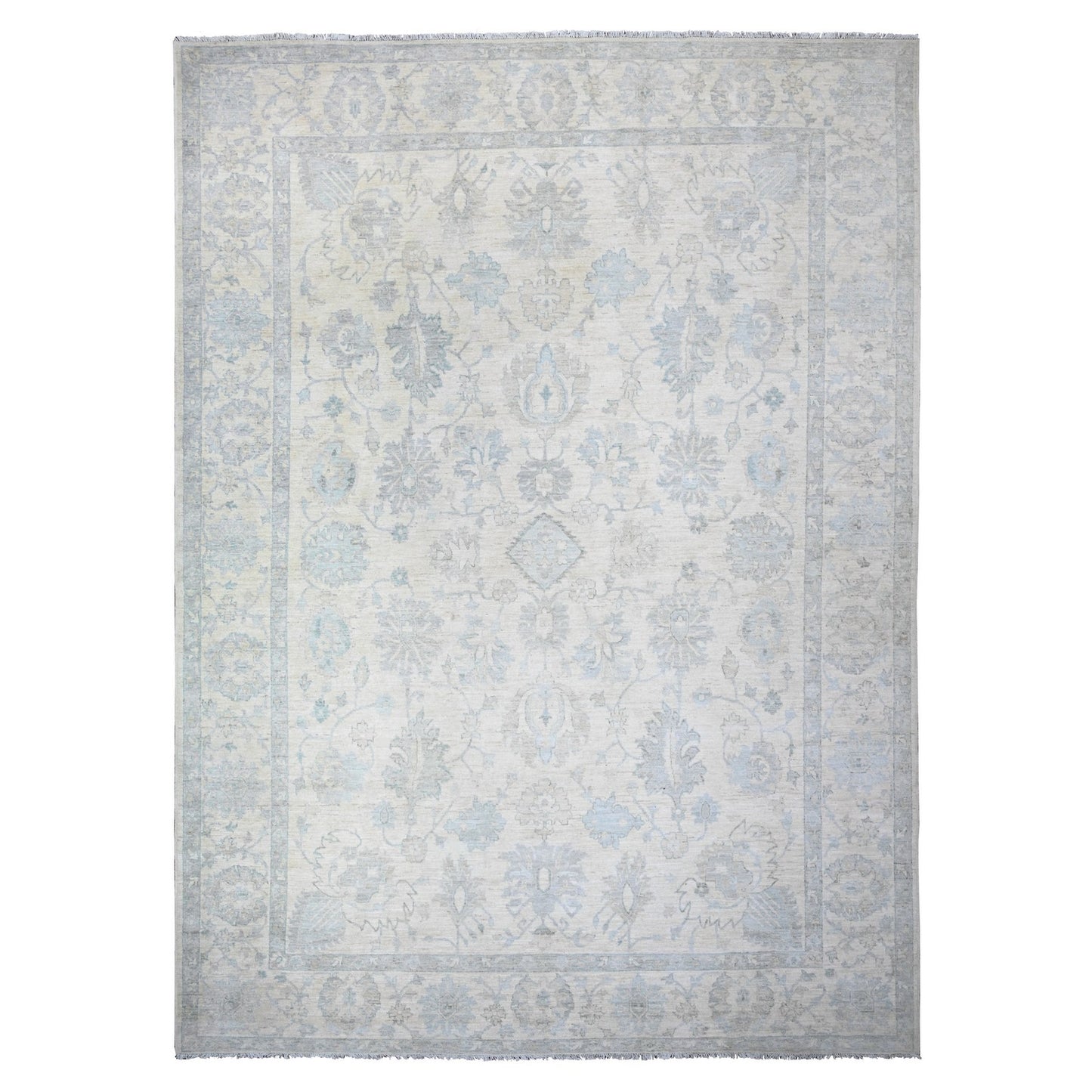 10'2"X14'1" Frost White Organic Wool White Wash Peshawar Hand Knotted Rug