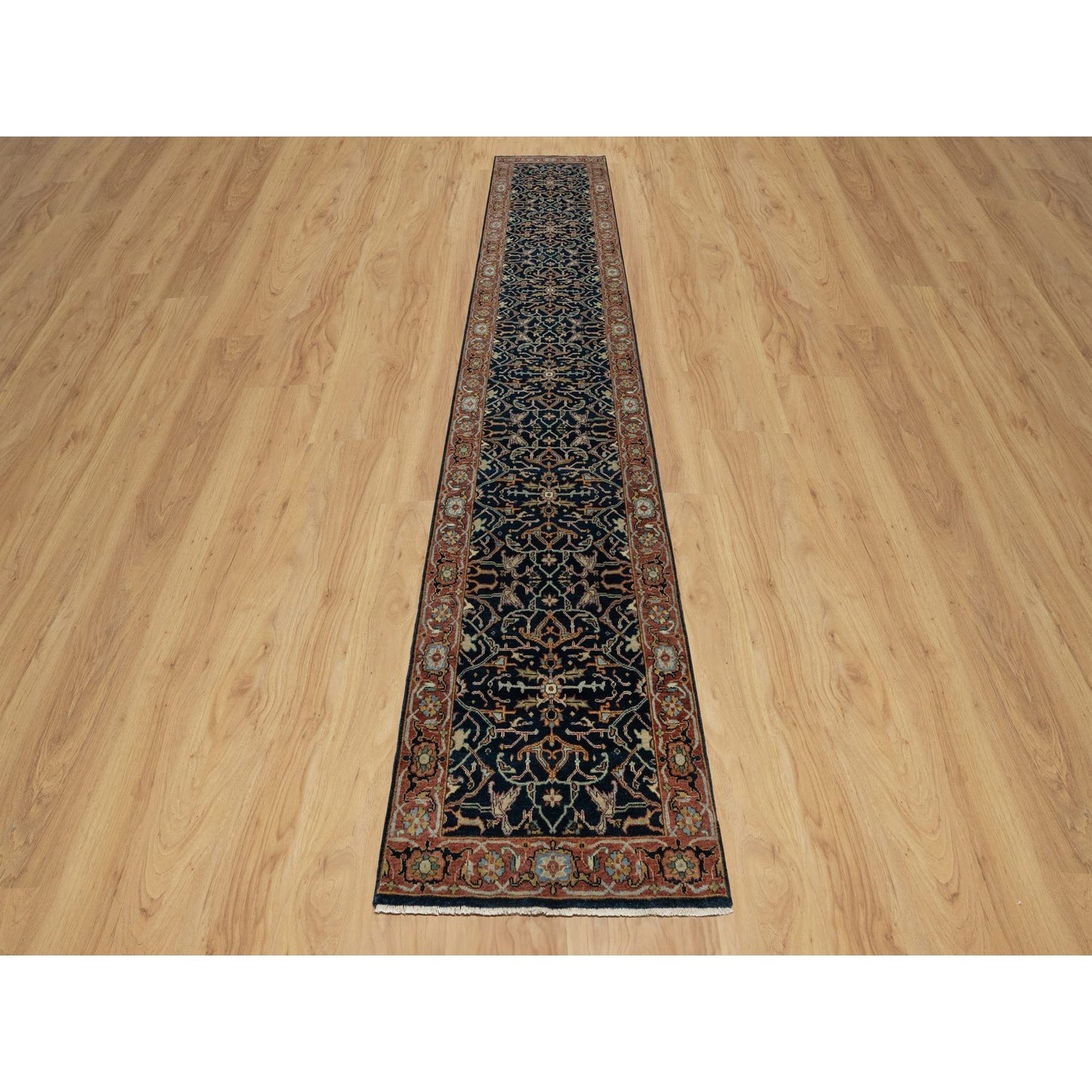 2'6"X14'1" Blue Hand Knotted Antiqued Fine Heris Soft Wool Xl Runner Rug