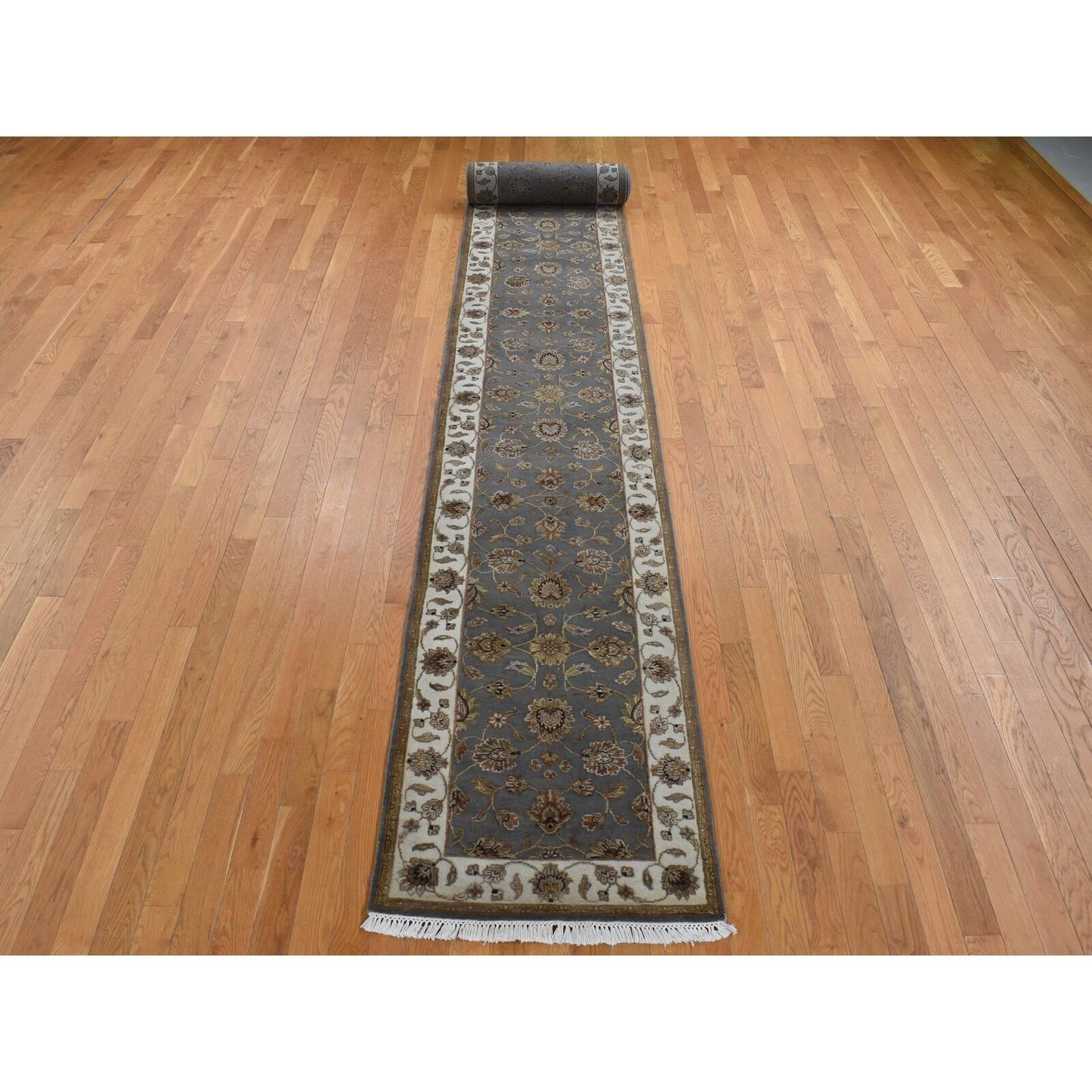 2'6"X20' Gray Rajasthan Design Wool And Silk Hand Knotted Xl Runner Rug