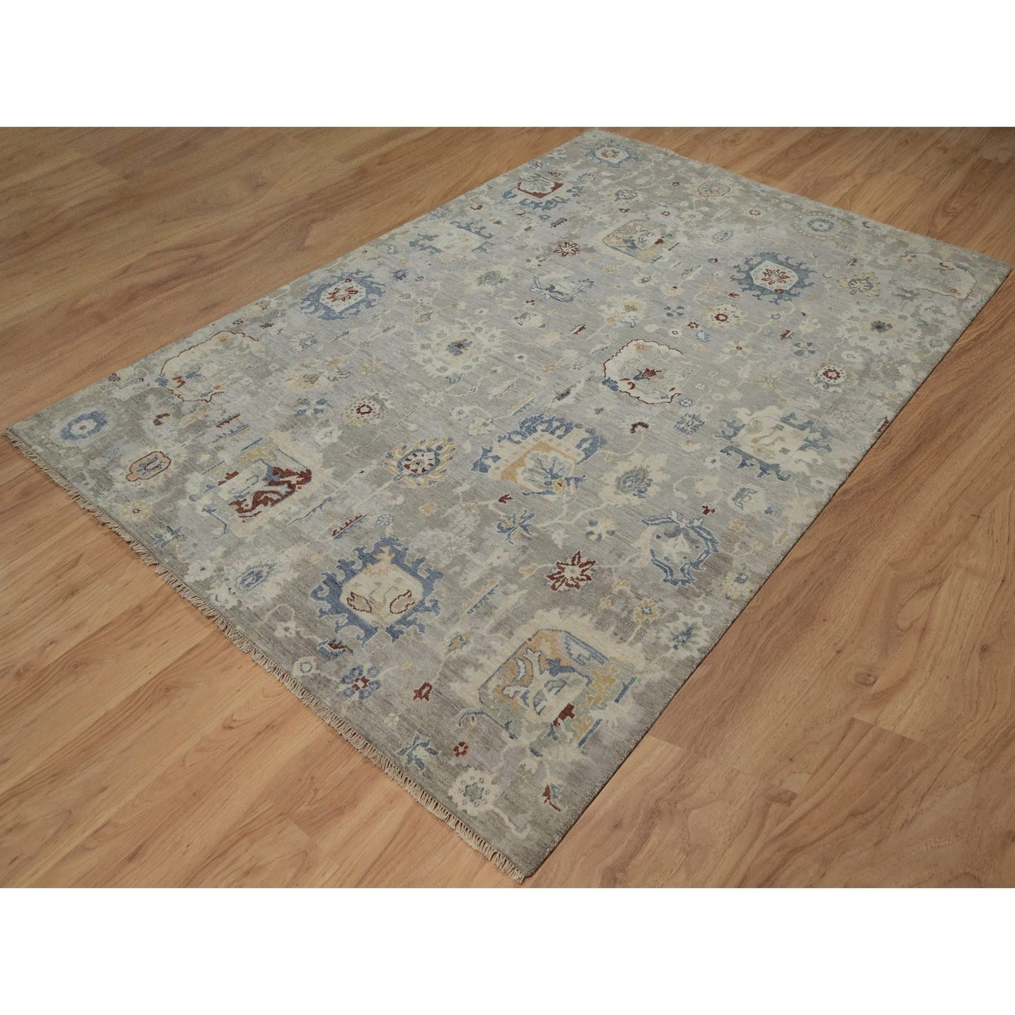 6'1"X9' Agate Gray Oushak With Broken Pattern 100% Wool Hand Knotted Rug