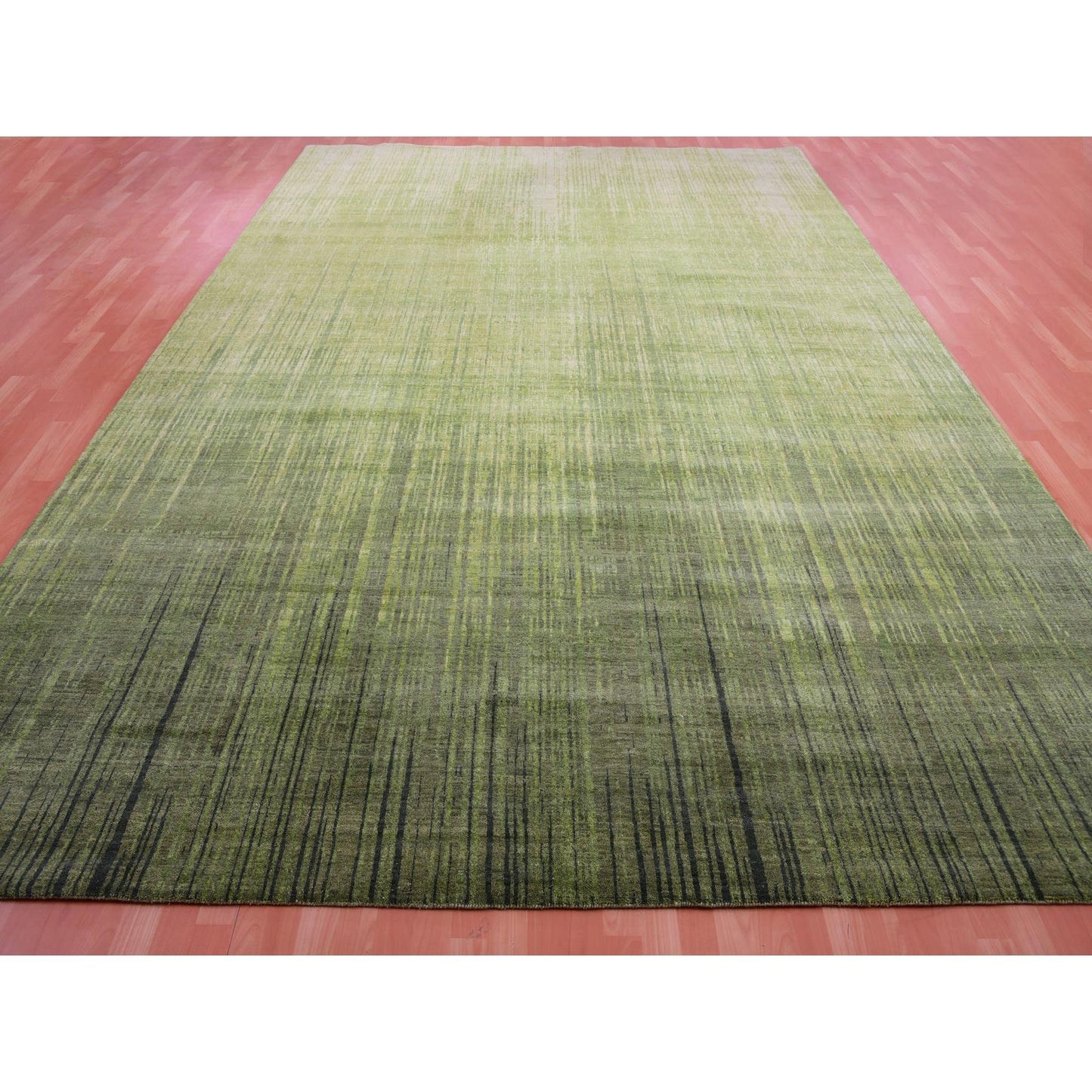 10'X14'4" Herbal Green Hand Knotted Vertical Ombre Design Soft Wool Rug