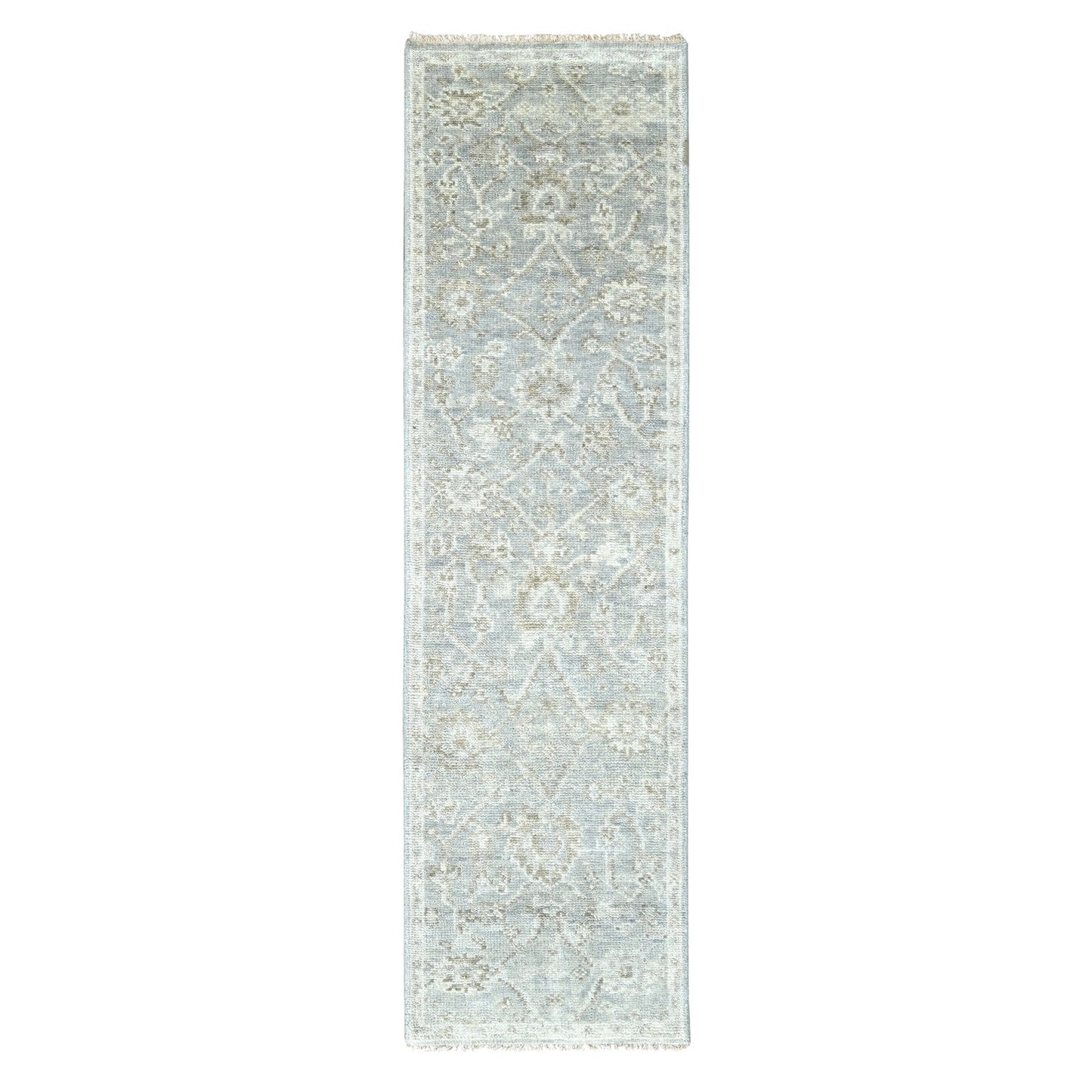 2'5"X8'4" Oyster Gray Oushak Design Hand Knotted Pure Wool Runner Rug