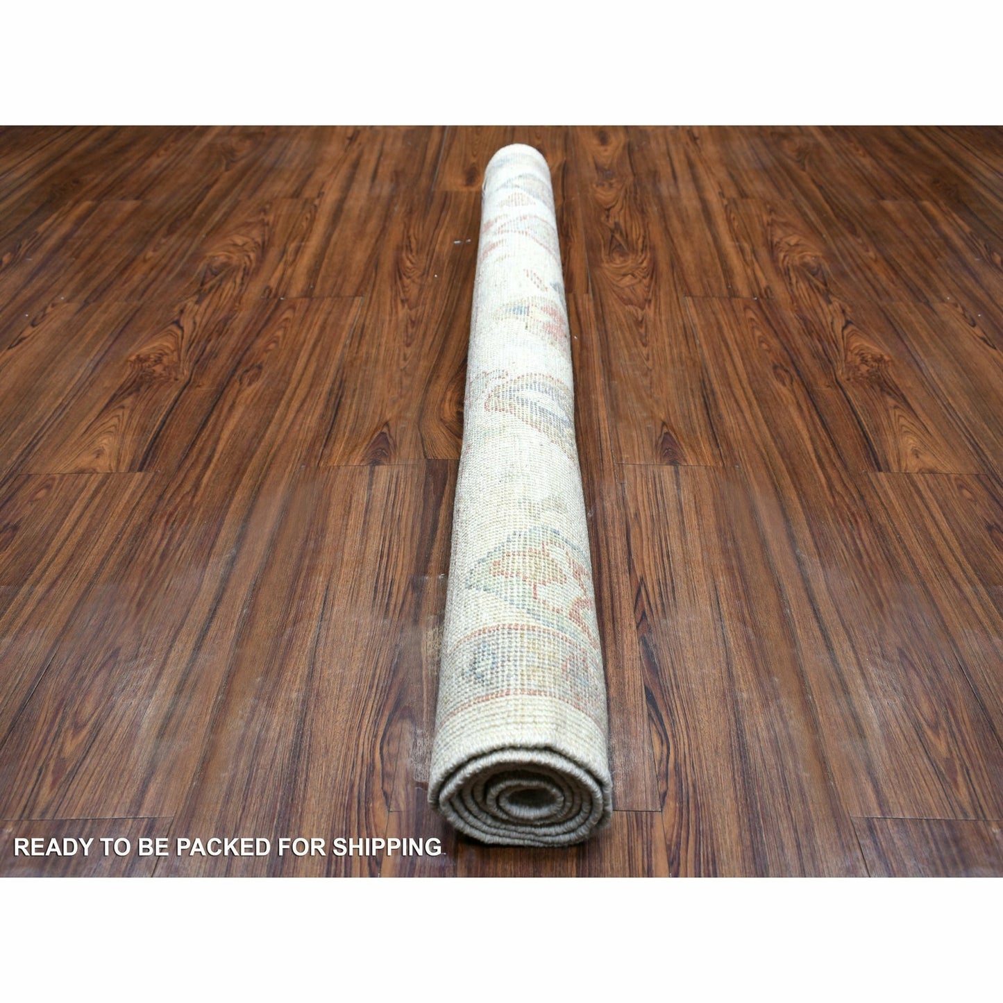 4'2"X5'7" Ivory Hand Knotted Angora Oushak All Over Motifs Wool Rug
