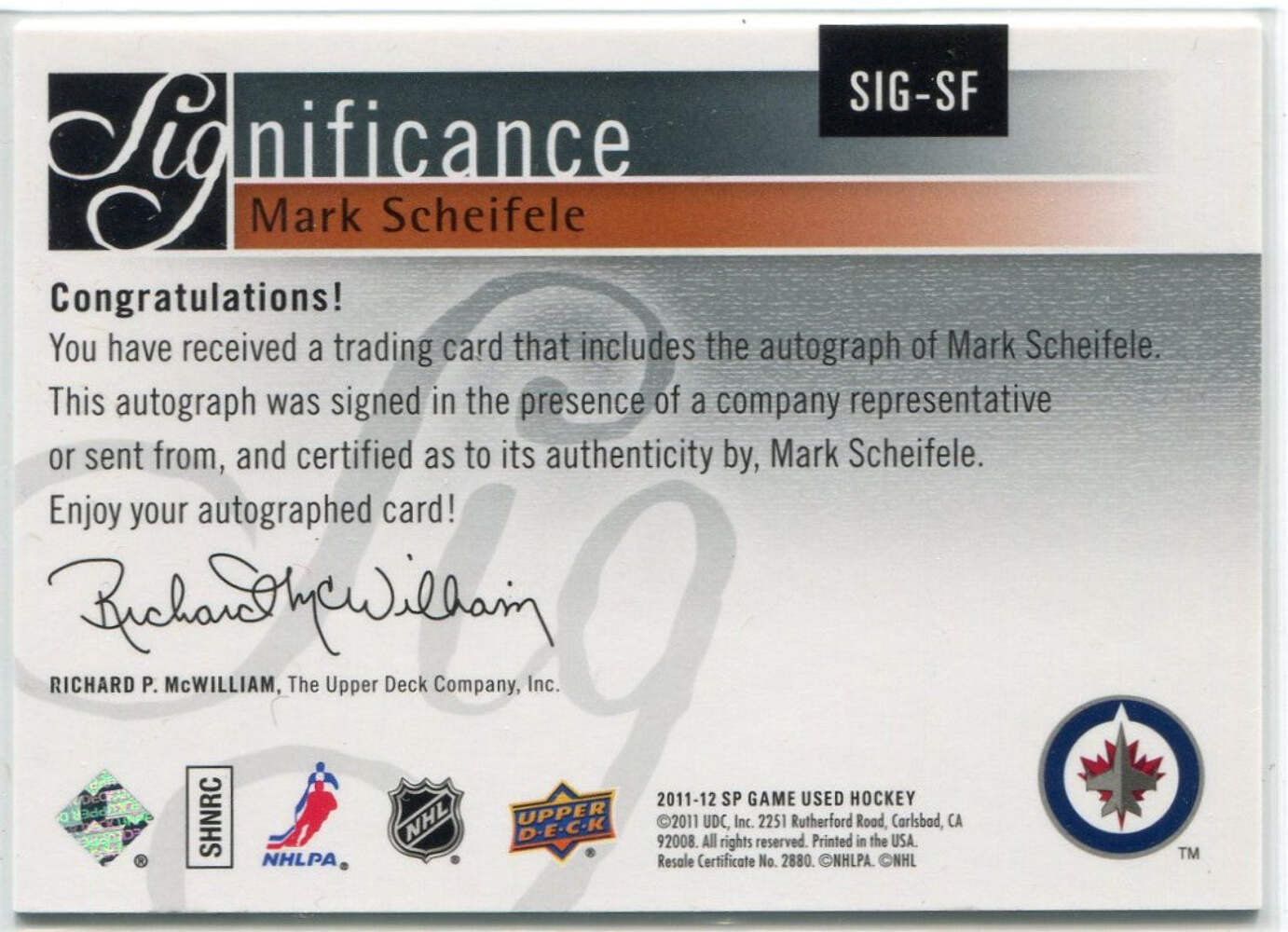 Mark Scheifele Autographed 2011 - 2012 Upper Deck