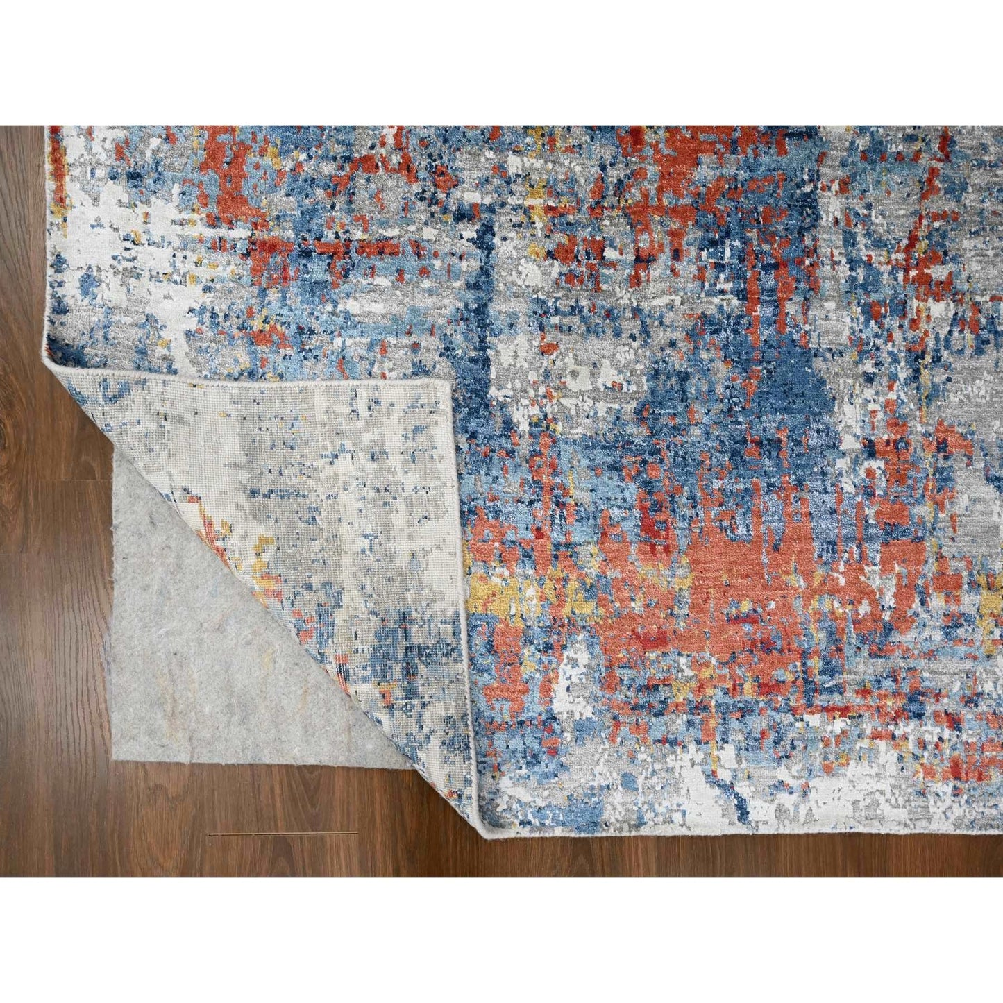 8'9"X11'7" Yale Blue Abstract Design Plant Based Silk Hand Knotted Rug