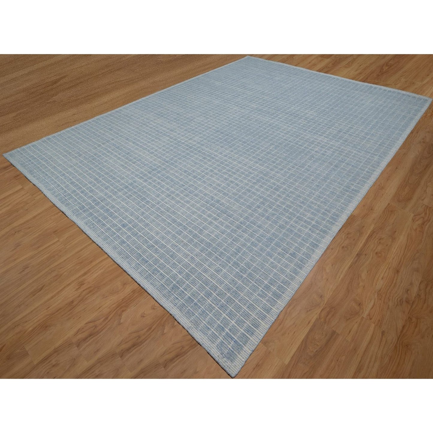 10'X14' Yonder Blue Modern Plain Decor Box Design Loomed Knotted Wool Rug