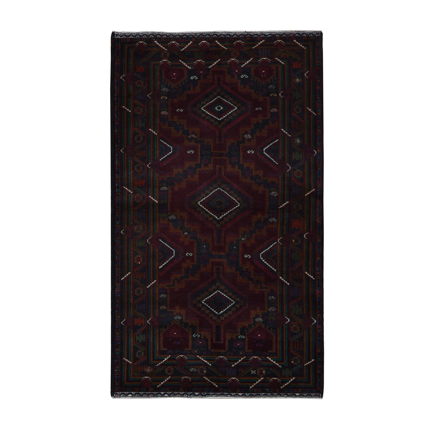 3'10"X7' Red Afghan Balooch Geometric Design Pure Wool Hand Knotted Rug