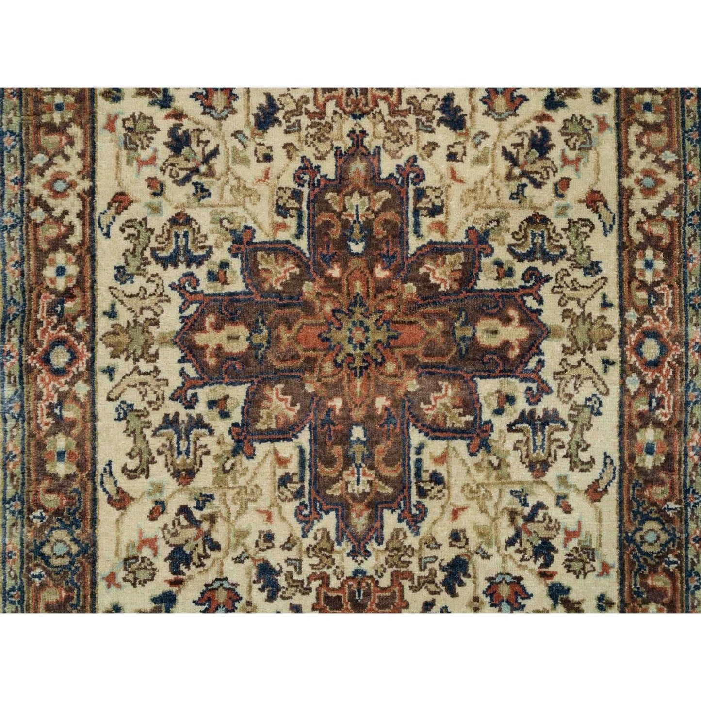 2'7"X10'3" Beige Antiqued Heriz Re-Creation Wool Hand Knotted Runner Rug