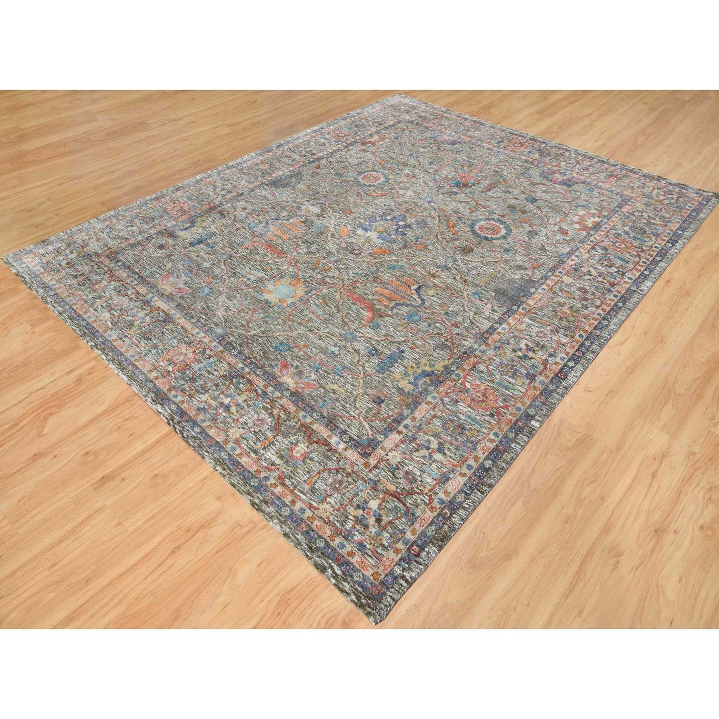 8'X10'1" Taupe Hand Knotted Striae Pattern Silk Textured Wool Rug