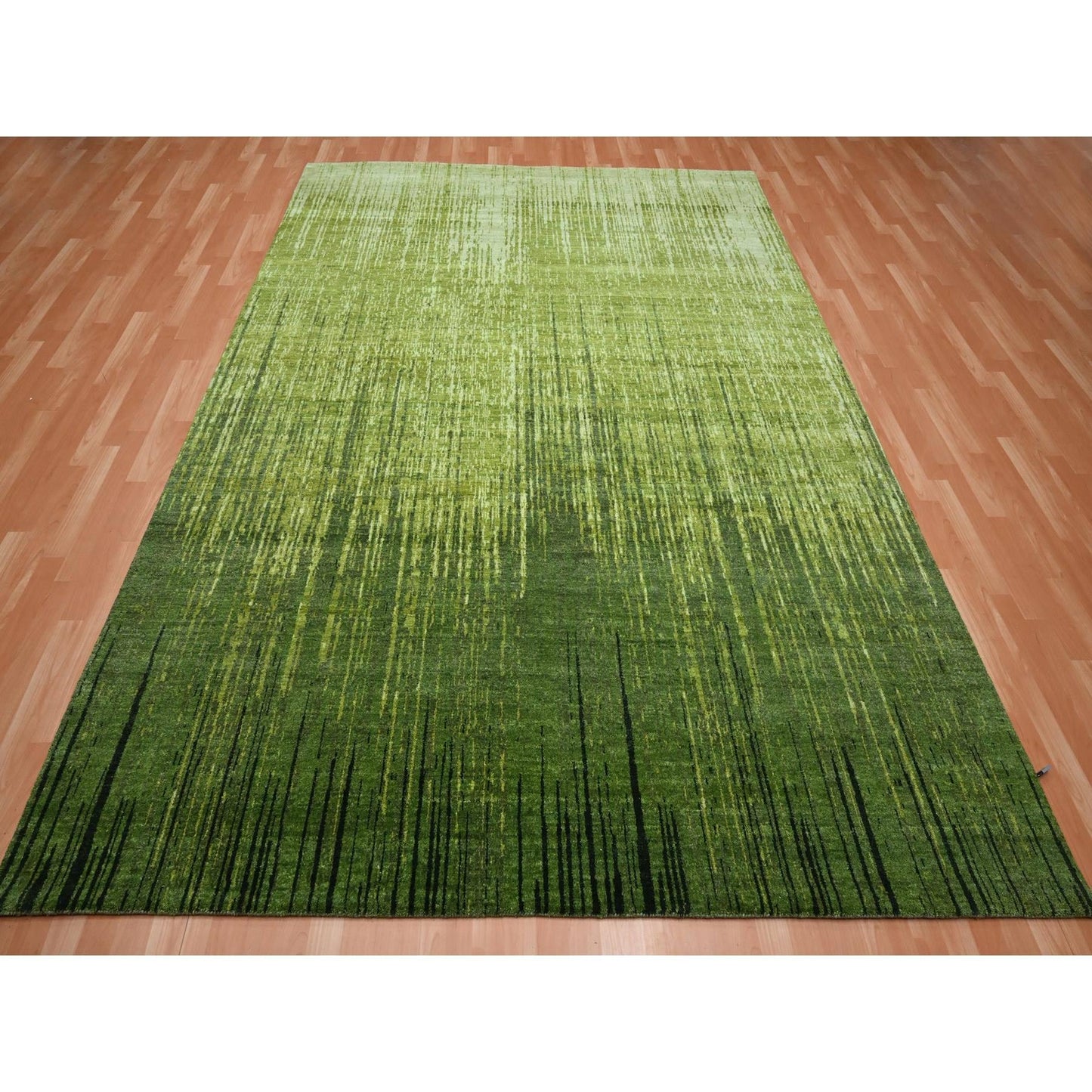 8'2"X10'3" Pickle Green Vertical Ombre Design Hand Knotted Soft Wool Rug