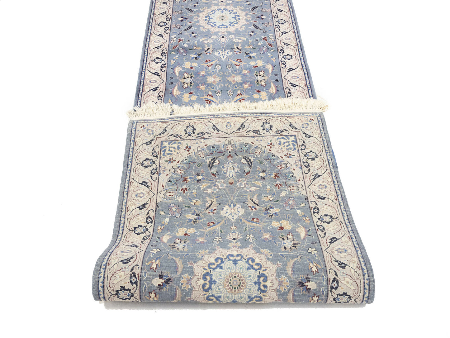 Blue-Gray Indo-Nain Wool Runner Rug Floral