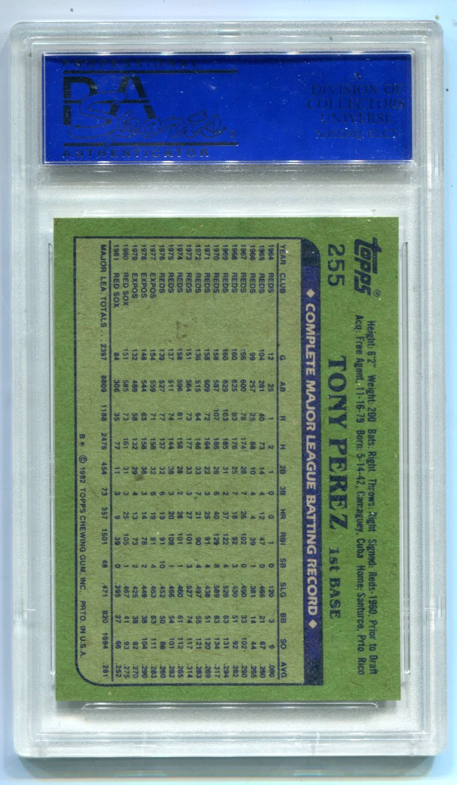Tony Perez 1982 Topps #255 Psa Gem Mt 10 Card