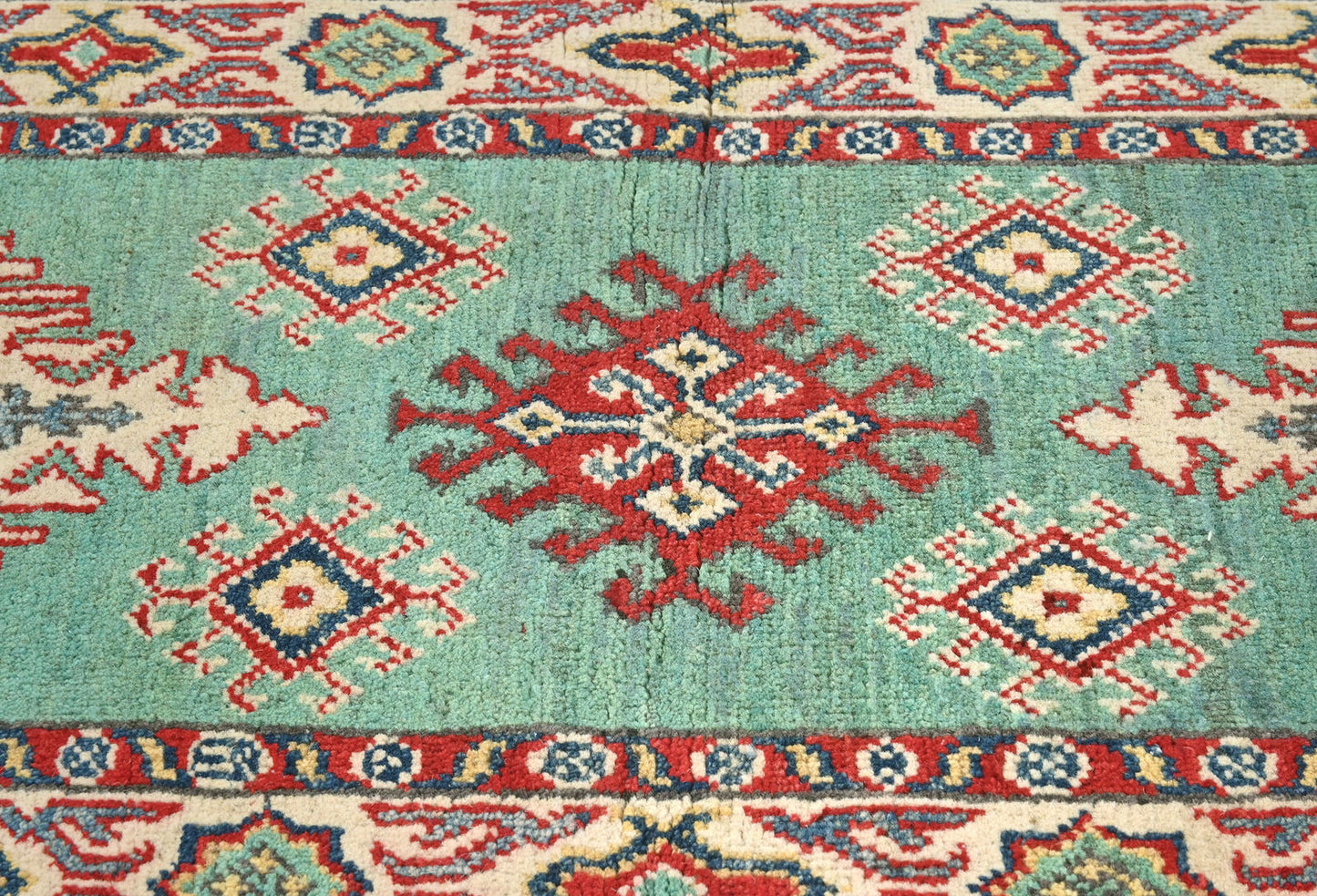Hand-Knotted Kazak Tribal Runner Rug Geometric