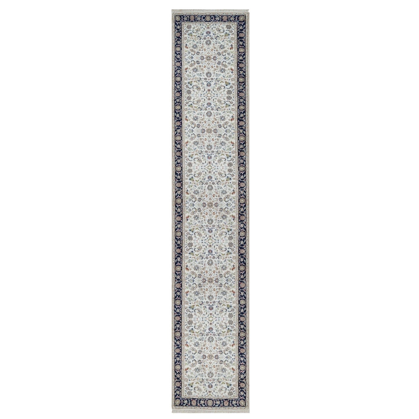 2'8"X14' White Nain Flower Design Wool And Silk Hand Knotted Runner Rug