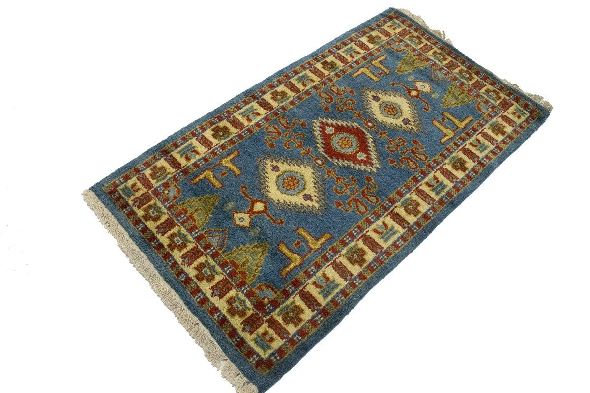 Kazak Oriental Rug Blue Geometric Tribal Style