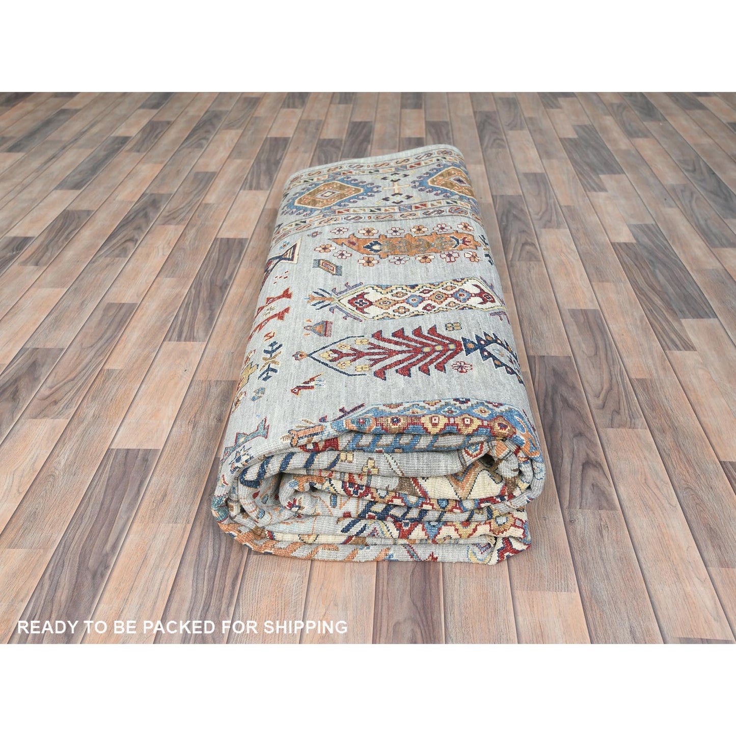 10'X14' Silver Blue Pure Wool Hand Knotted Afghan Super Kazak Rug