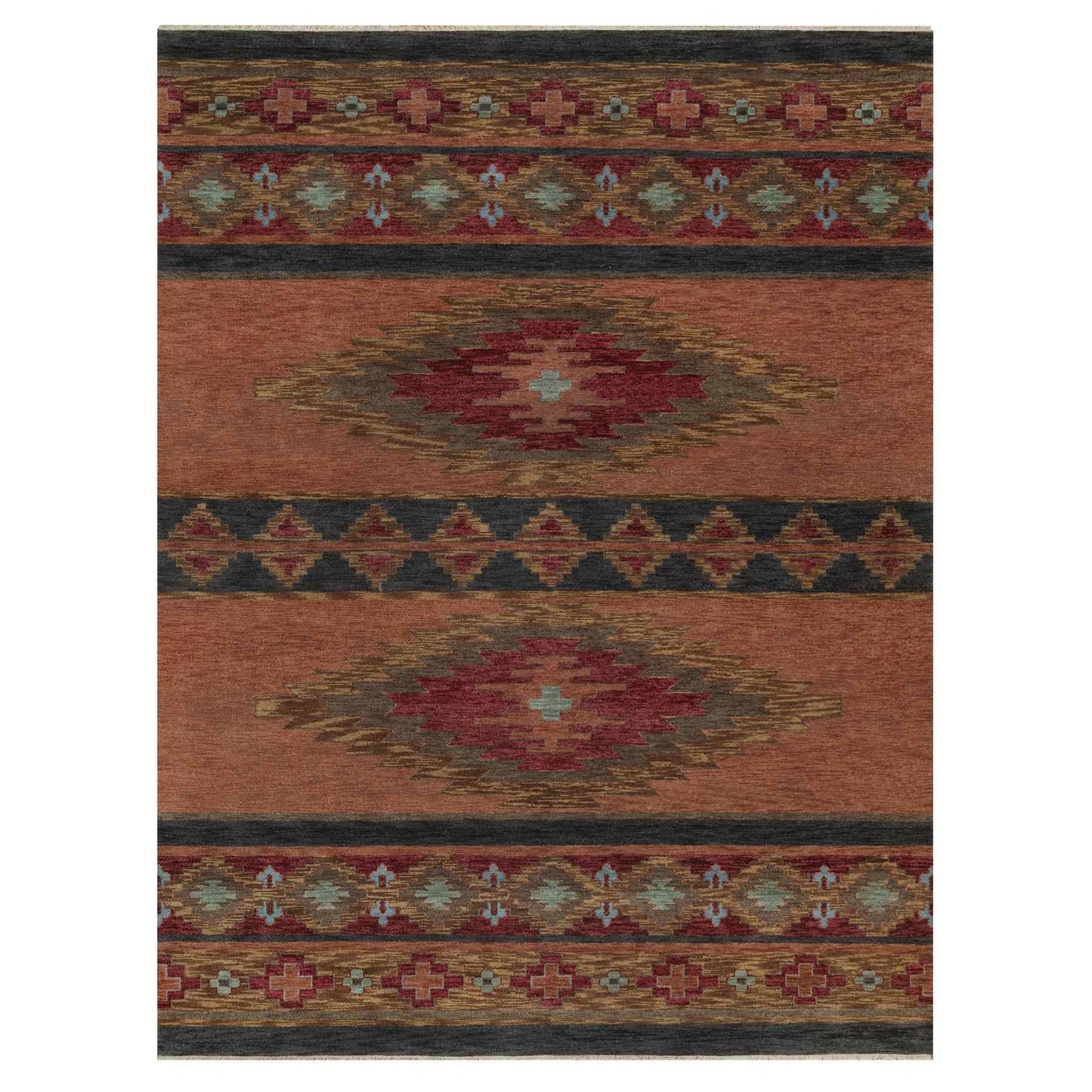 9'1"X12'1" Senna Brown Southwestern Design Hand Knotted Pure Wool Rug