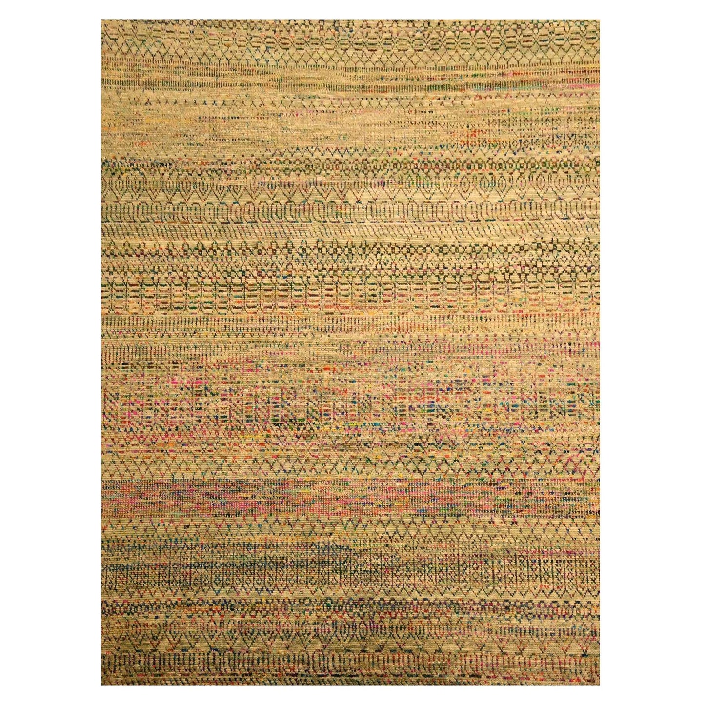 9'X12'3" Brown Sari Silk And Wool Geometric Design Hand Knotted Rug