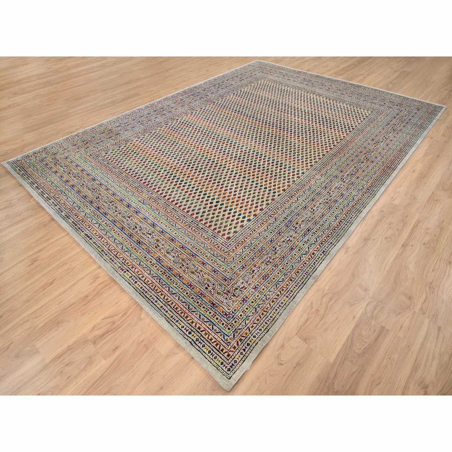 8'8"X12'2" Hand Knotted Beige Saroogh Colorful Wool And Sari Silk Rug
