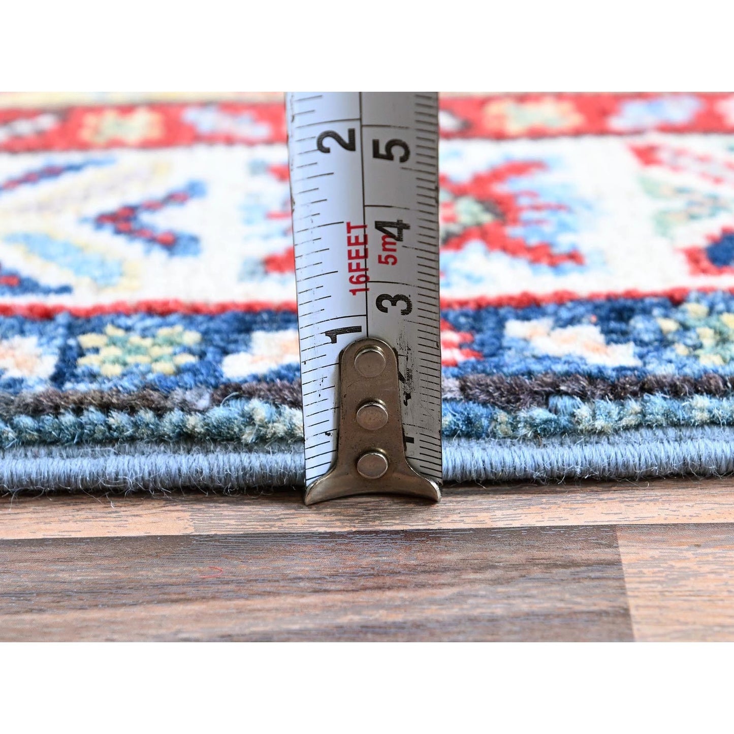 2'X6'6" Blue Kazak With Tribal Design Soft Wool Hand Knotted Runner Rug