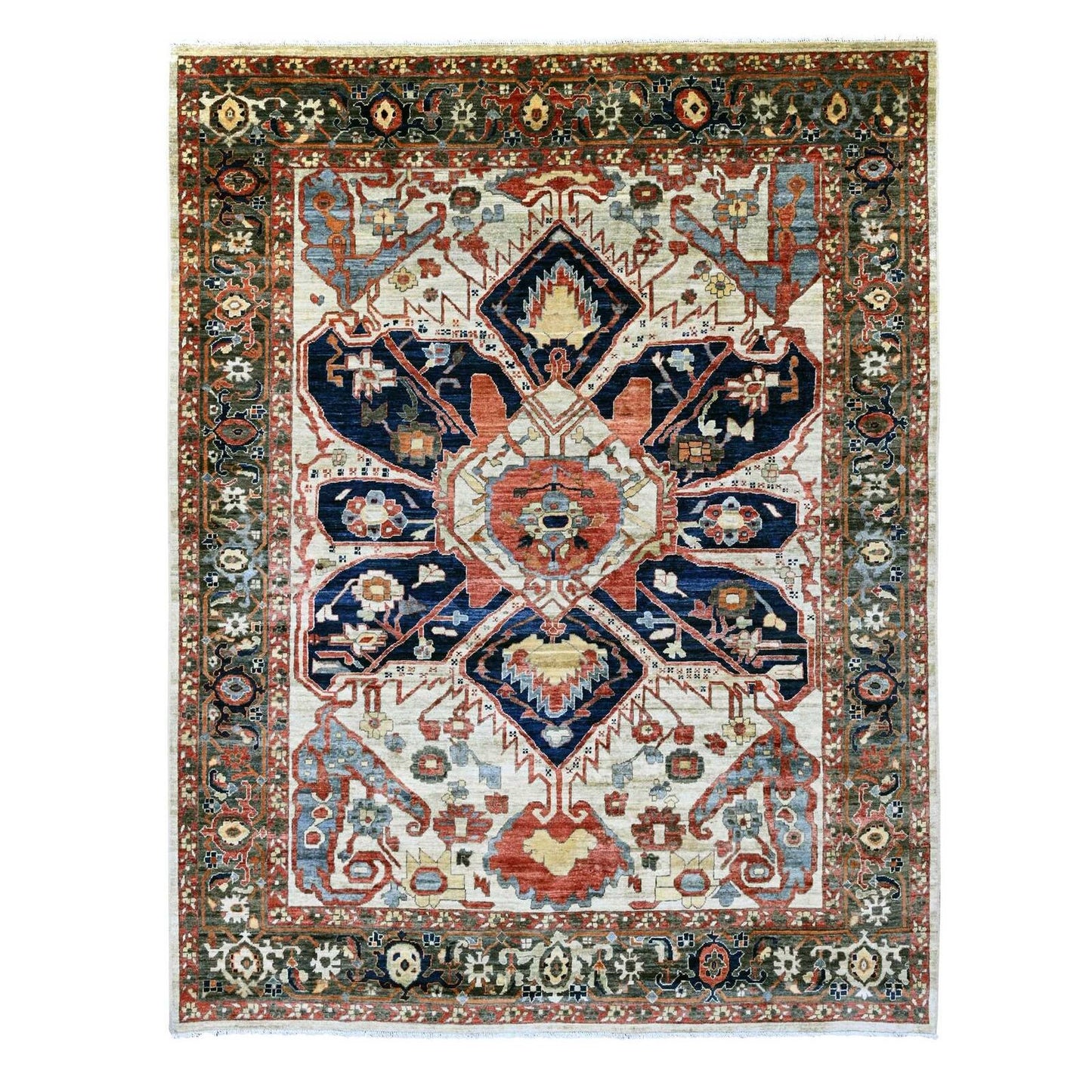 8'2"X10' Brown With Blue Hand Knotted Aryana Seeripe Heris Pure Wool Rug