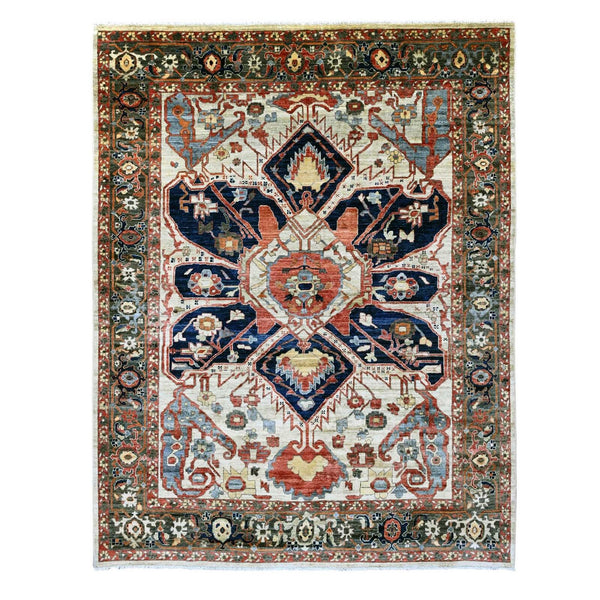 8'2"X10' Brown With Blue Hand Knotted Aryana Seeripe Heris Pure Wool Rug
