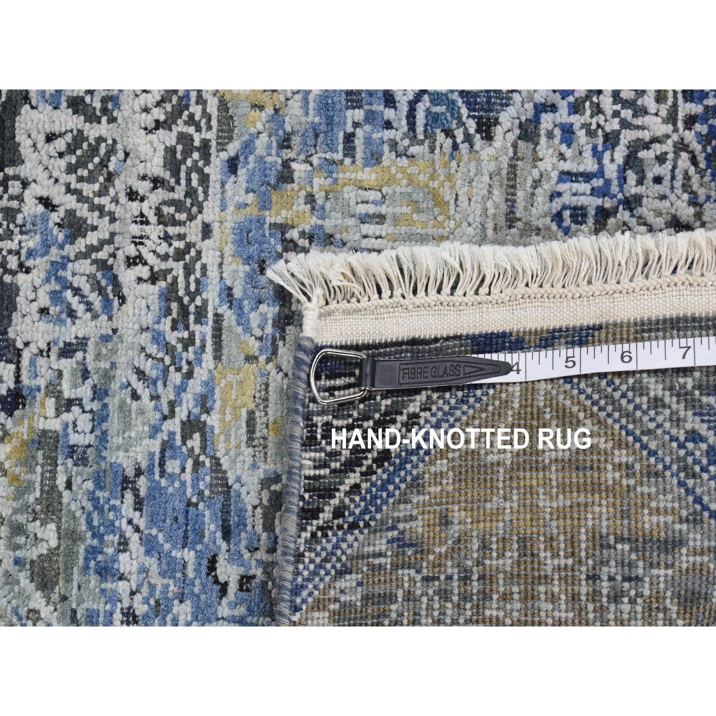 2'7"X8'3" Blue Broken And Erased Silk With Wool Hand Knotted Runner Rug