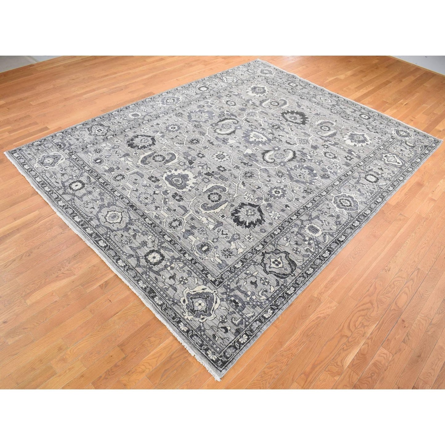 9'1"X12'3" Gray Peshawar Sultanabad All Over Design Hand Knotted Wool Rug