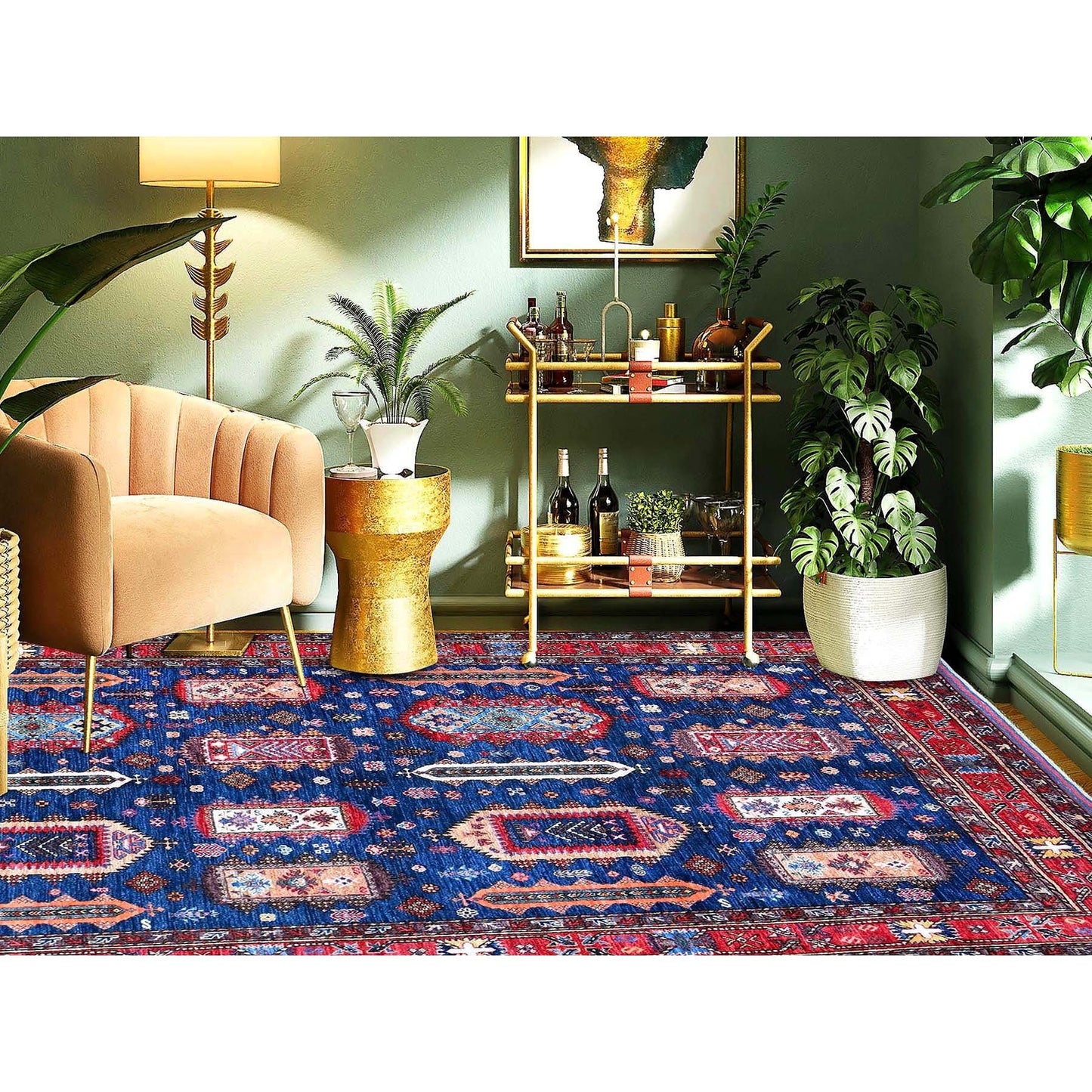 6'1"X8'5" Blue Afghan Caucasian Design Revival Hand Knotted Soft Wool Rug