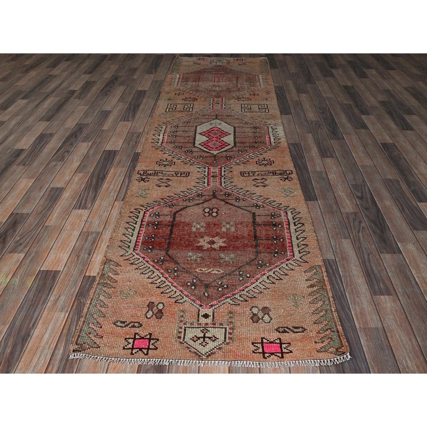 3'X10'5" Peach Vintage Zoroastrian Village Hand Knotted Wool Runner Rug