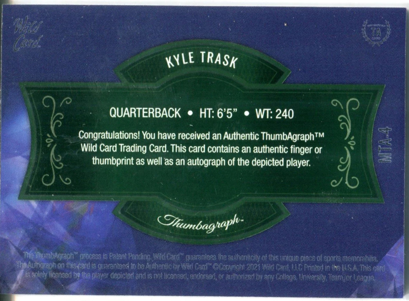 Kyle Trask Autographed 2021 Wild Card Matte Fingerprints Rookie Card #Mta-4
