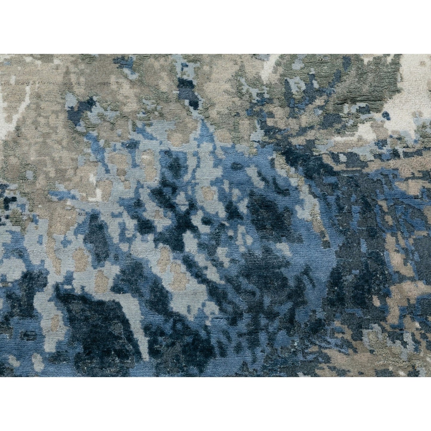 3'1"X5' Blue-Ivory Abstract Design Wool-Silk Hi-Low Pile Hand Knotted Rug