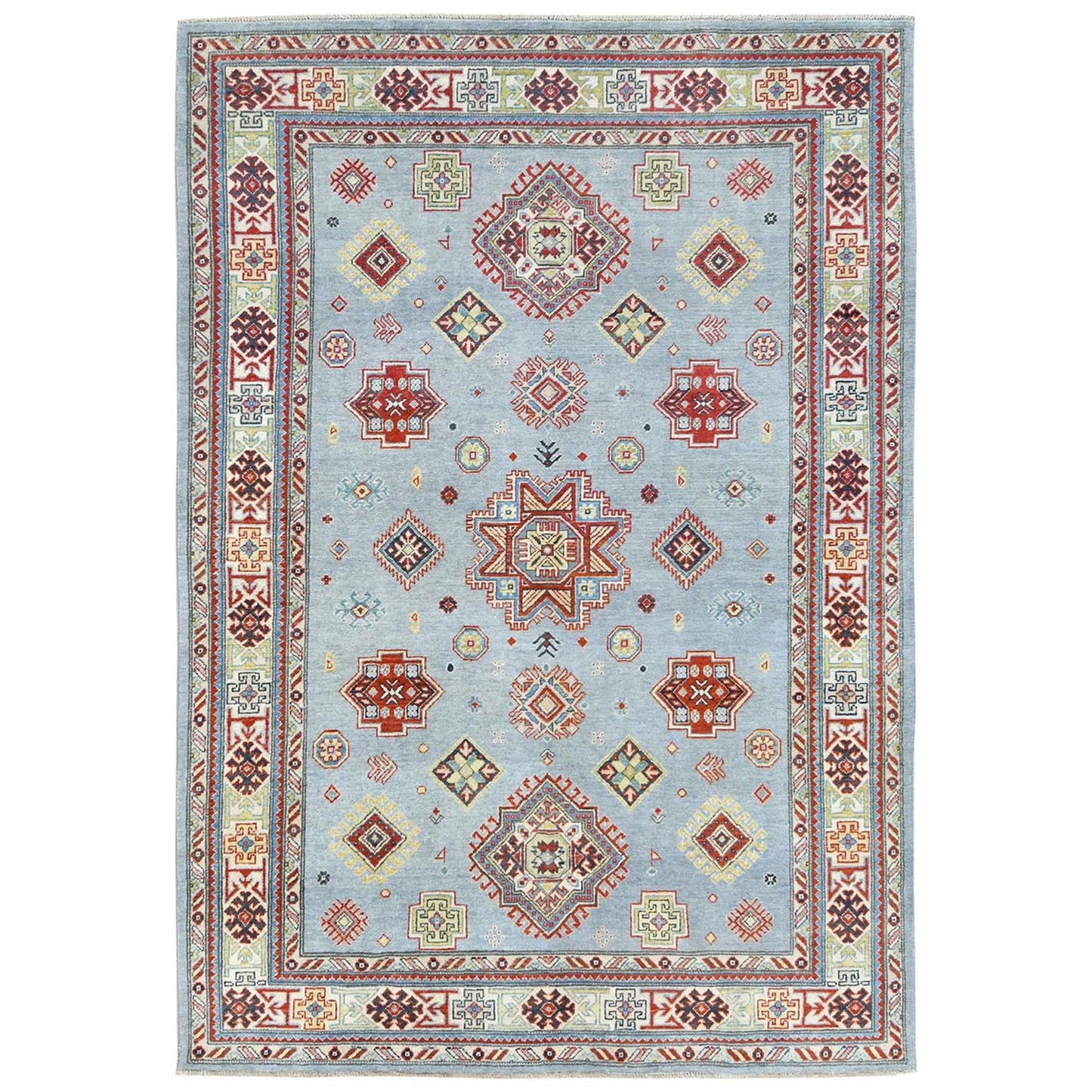 6'1"X8'9" Blue Special Kazak With Geometric Design Wool Hand Knotted Rug