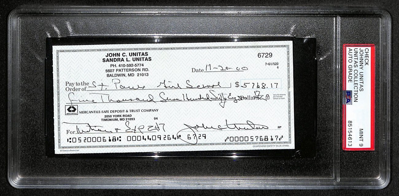 Johnny Unitas Signed 11/20/00 Check Psa/Dna Mint