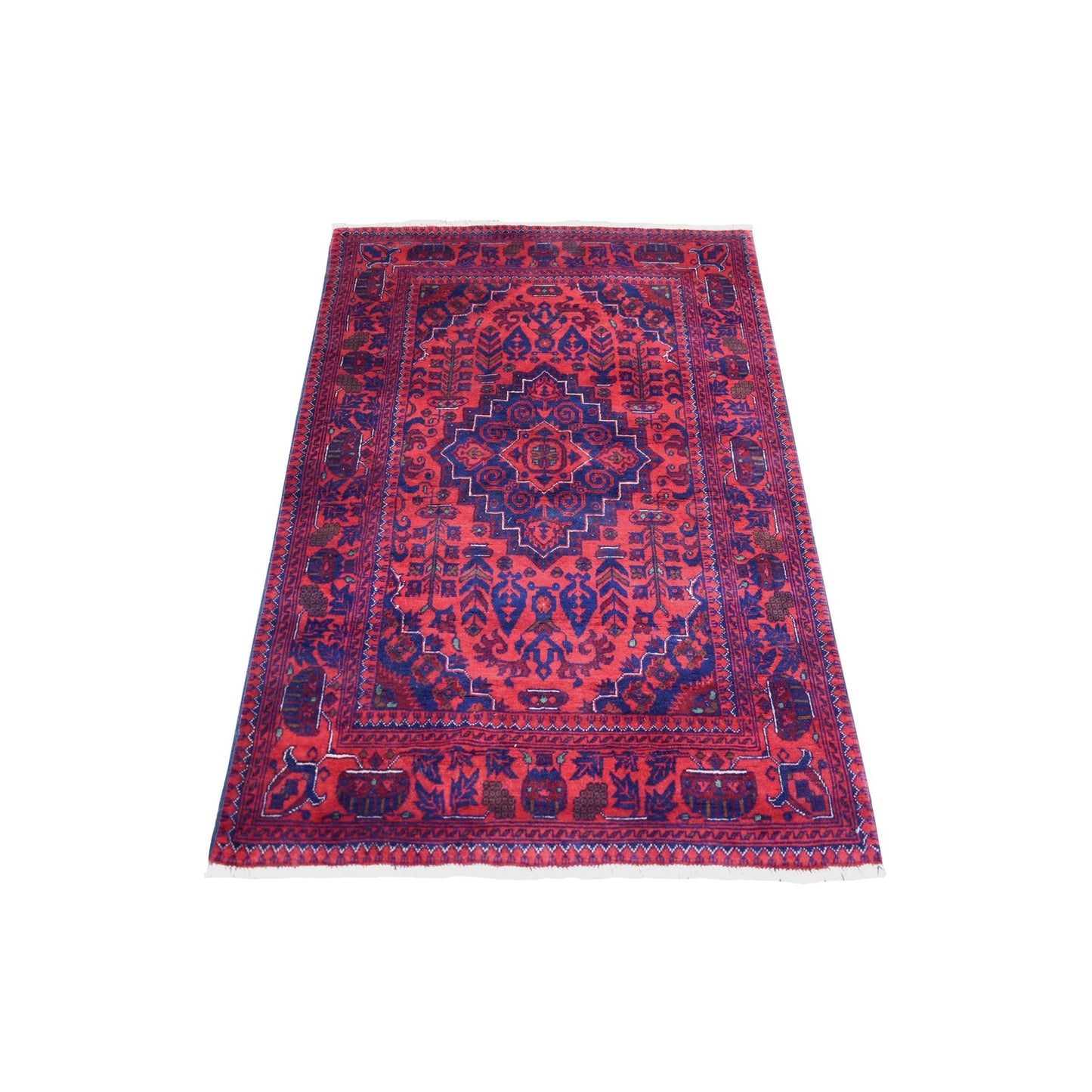 3'5"X5' Red Hand Knotted, Afghan Khamyab, Geometric Design Pure Wool Rug