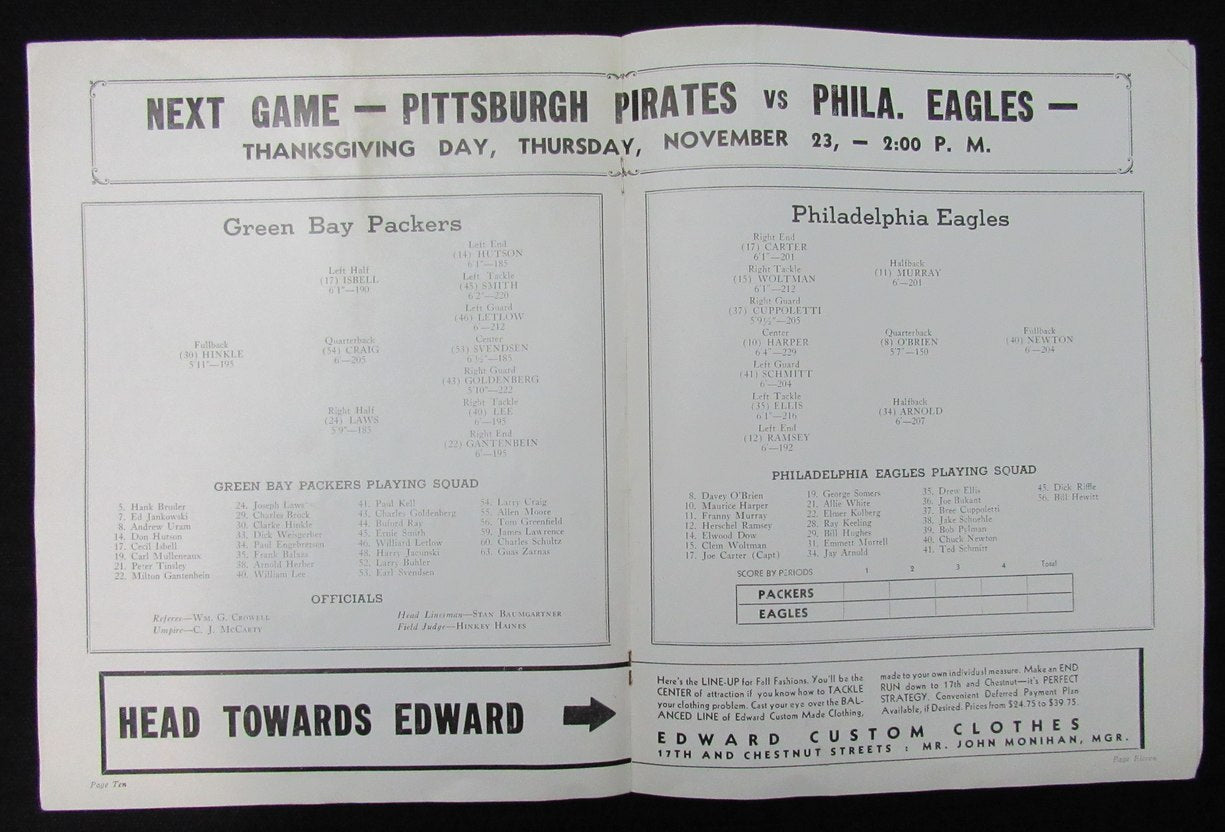 November 12, 1939 Philadelphia Eagles Vs. Packers
