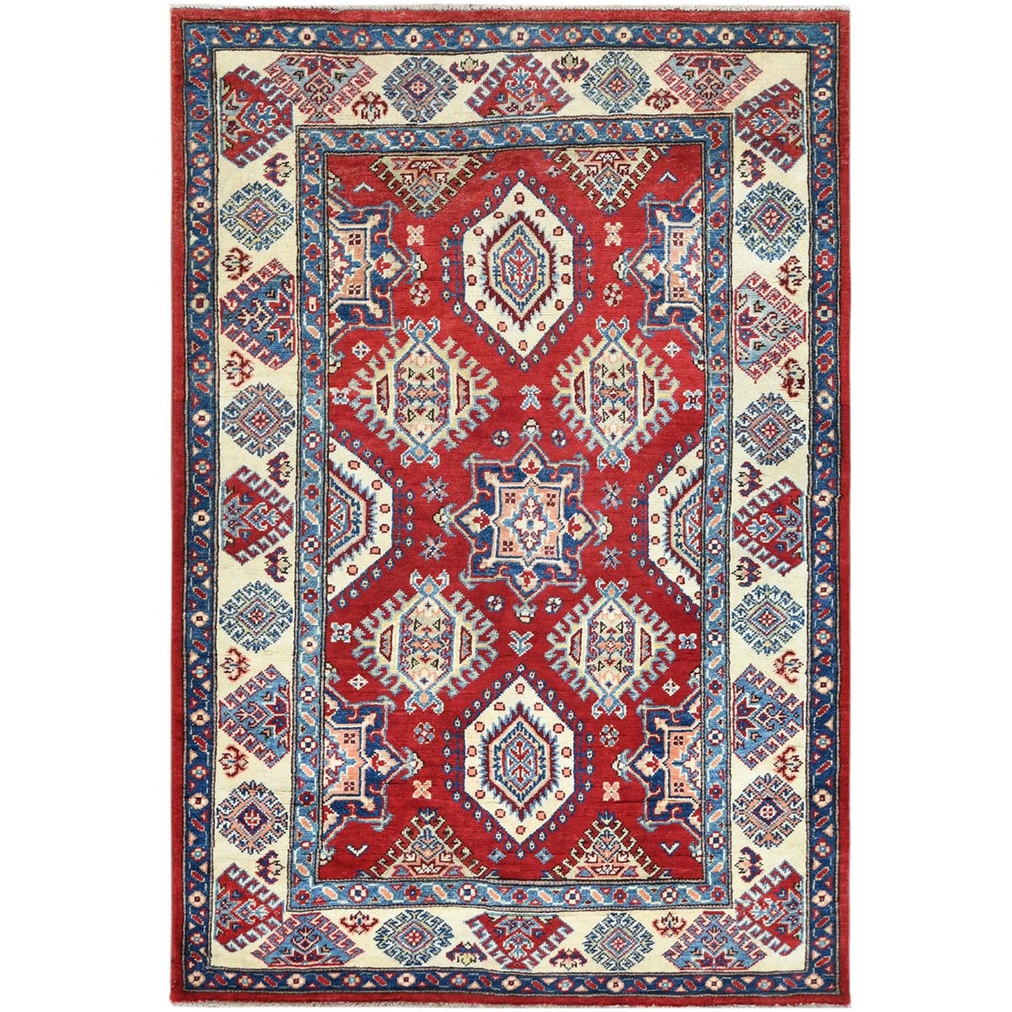 4'X5'9" Red Caucasian Design Special Kazak Hand Knotted Natural Wool Rug