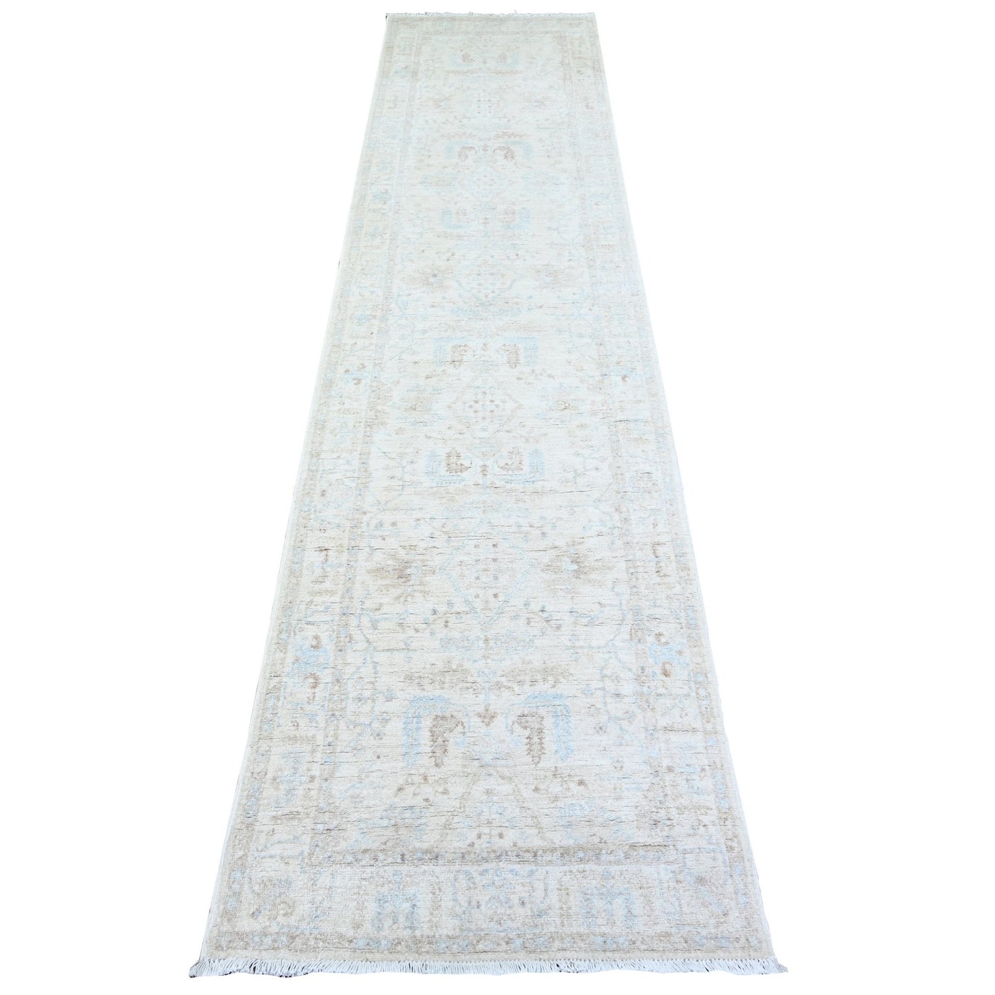 2'4"X10'2" Ceramic Ivory White Wash Peshawar Wool Hand Knotted Runner Rug
