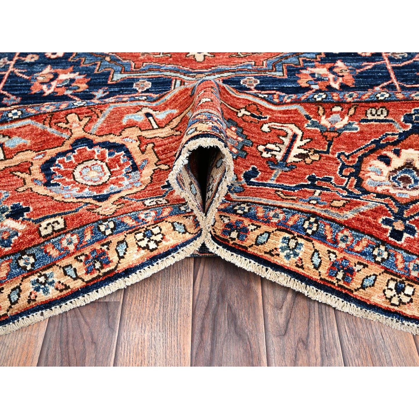 9'2"X12'8" Midnight Blue Seeripe Heris Hand Knotted High Mountain Wool Rug