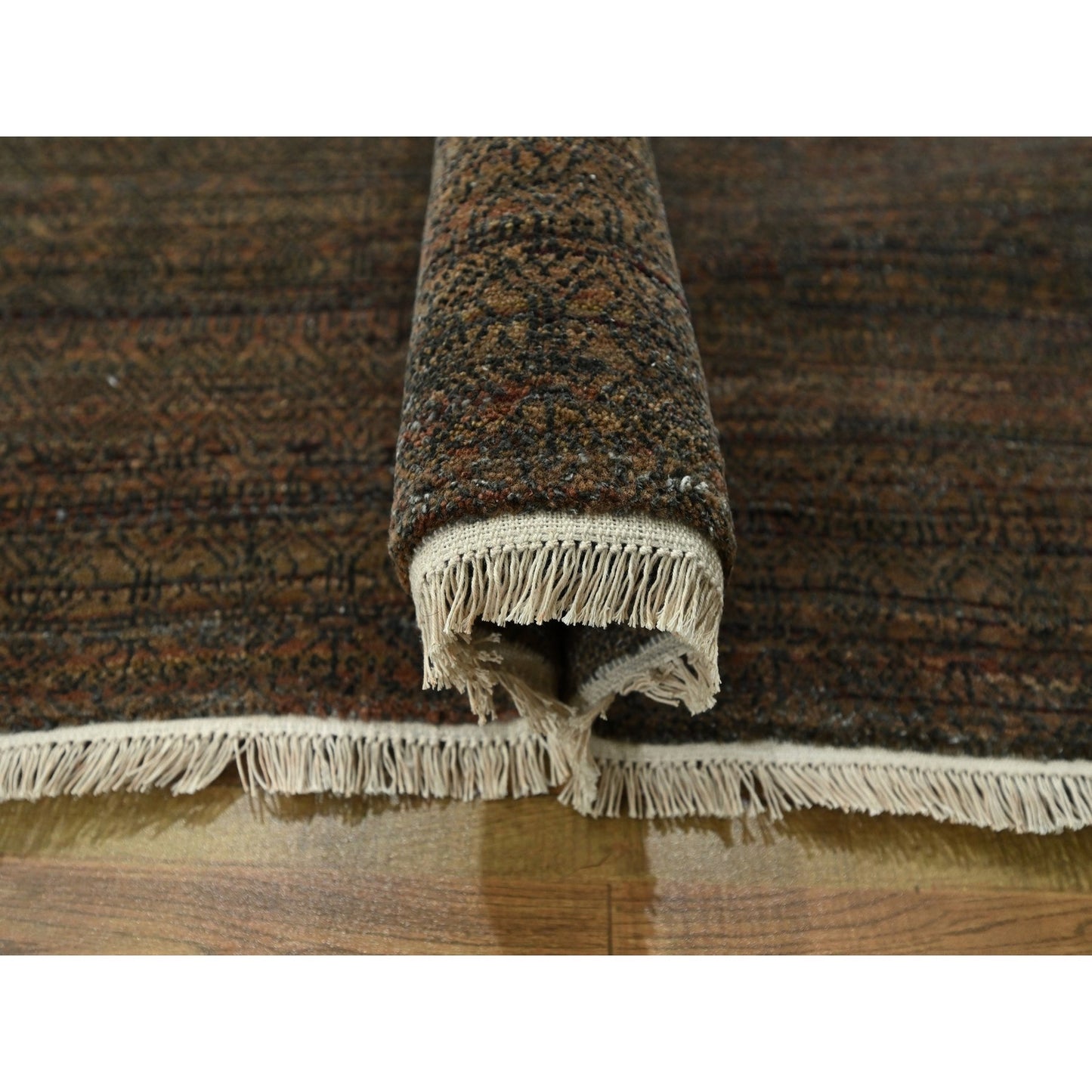 10'X14' Cinnamon Brown Modern Grass Design Hand Knotted Wool And Silk Rug